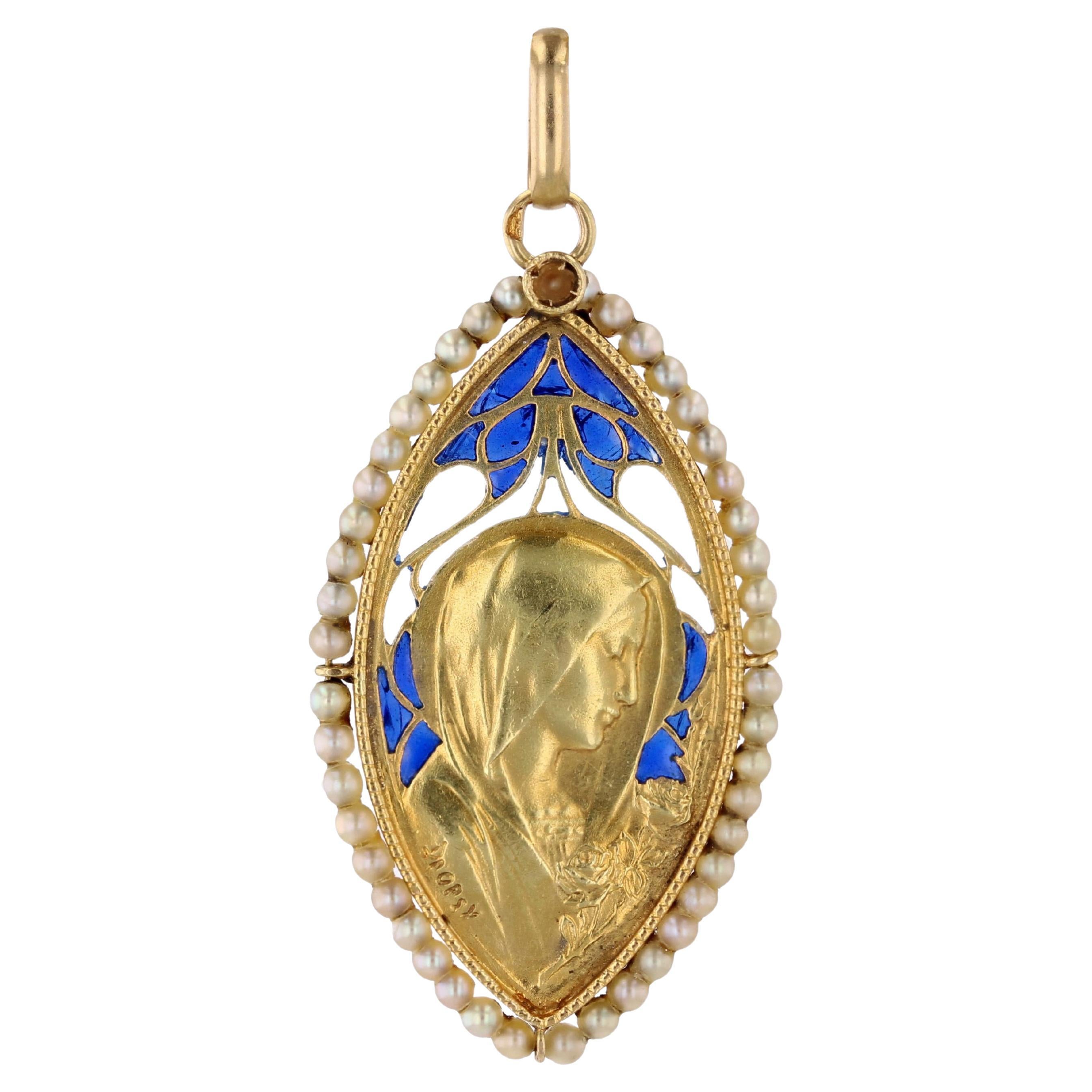 Médaille vierge française Art déco des années 1930 en or jaune 18 carats, émail et perles naturelles