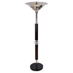 French 1930s Art Deco Floor Lamp in Mahogany and Chrome with Channelled Stem