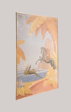 French 1930s Art Deco Hunting Scene Oil on Canvas Painting