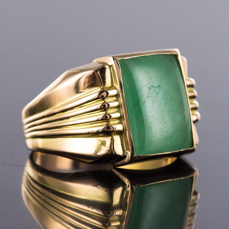 French 1930s Art Deco Jade 18 Karat Yellow Gold Men's Ring at