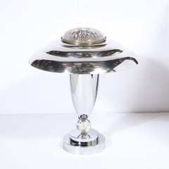 French 1930's Art Deco Machine Age Chrome & Starburst Etched Glass Table Lamp