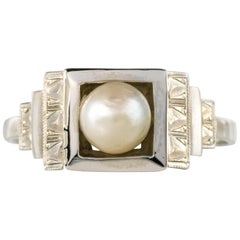 French 1930s Art Deco Natural Pearl 18 Karat White Gold Ring