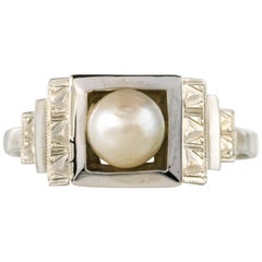 Vintage French 1930s Art Deco Natural Pearl 18 Karat White Gold Ring
