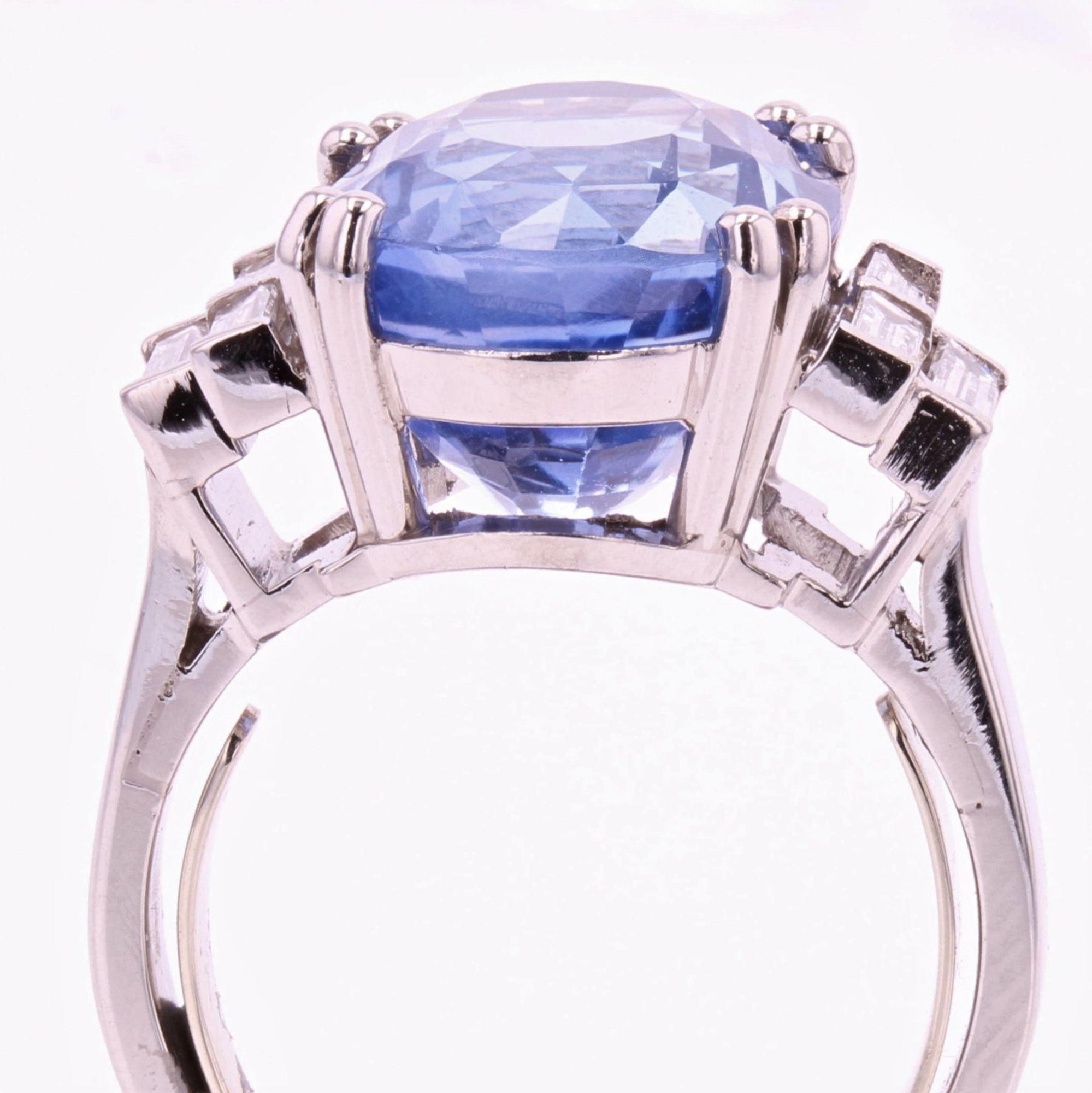 French 1930s Art Deco Natural Sapphire Baguette Diamond Platinum Ring 7