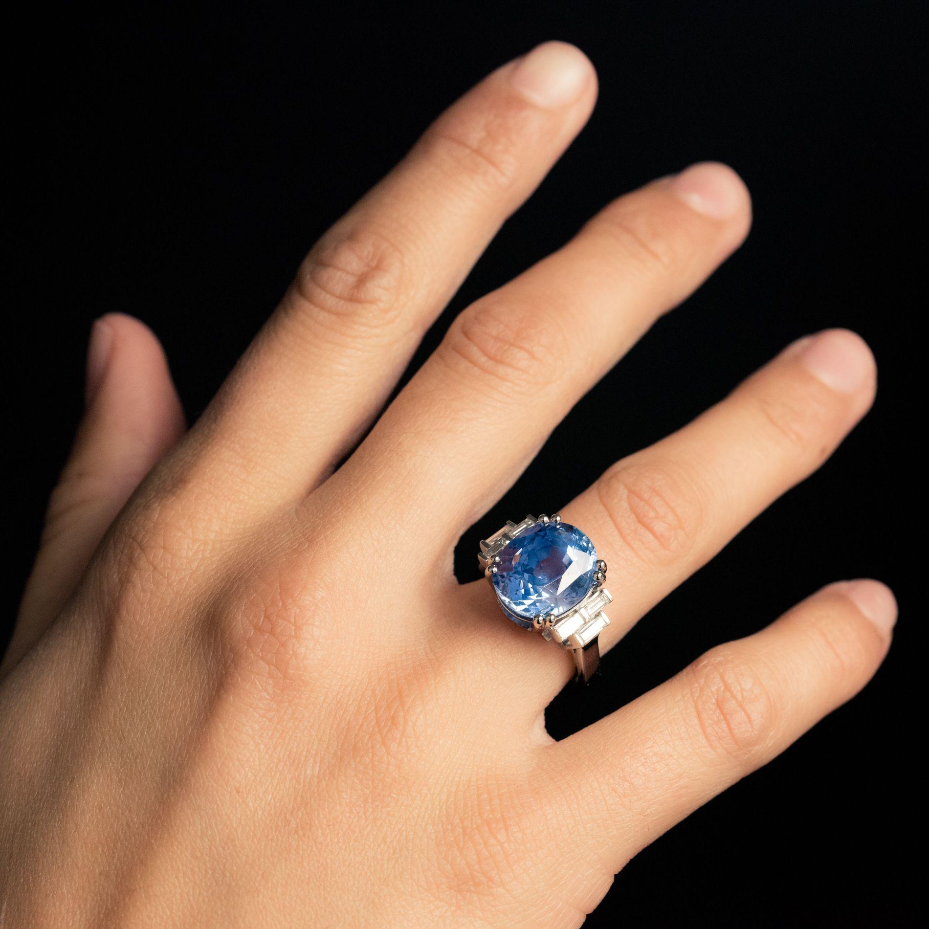 French 1930s Art Deco Natural Sapphire Baguette Diamond Platinum Ring 8