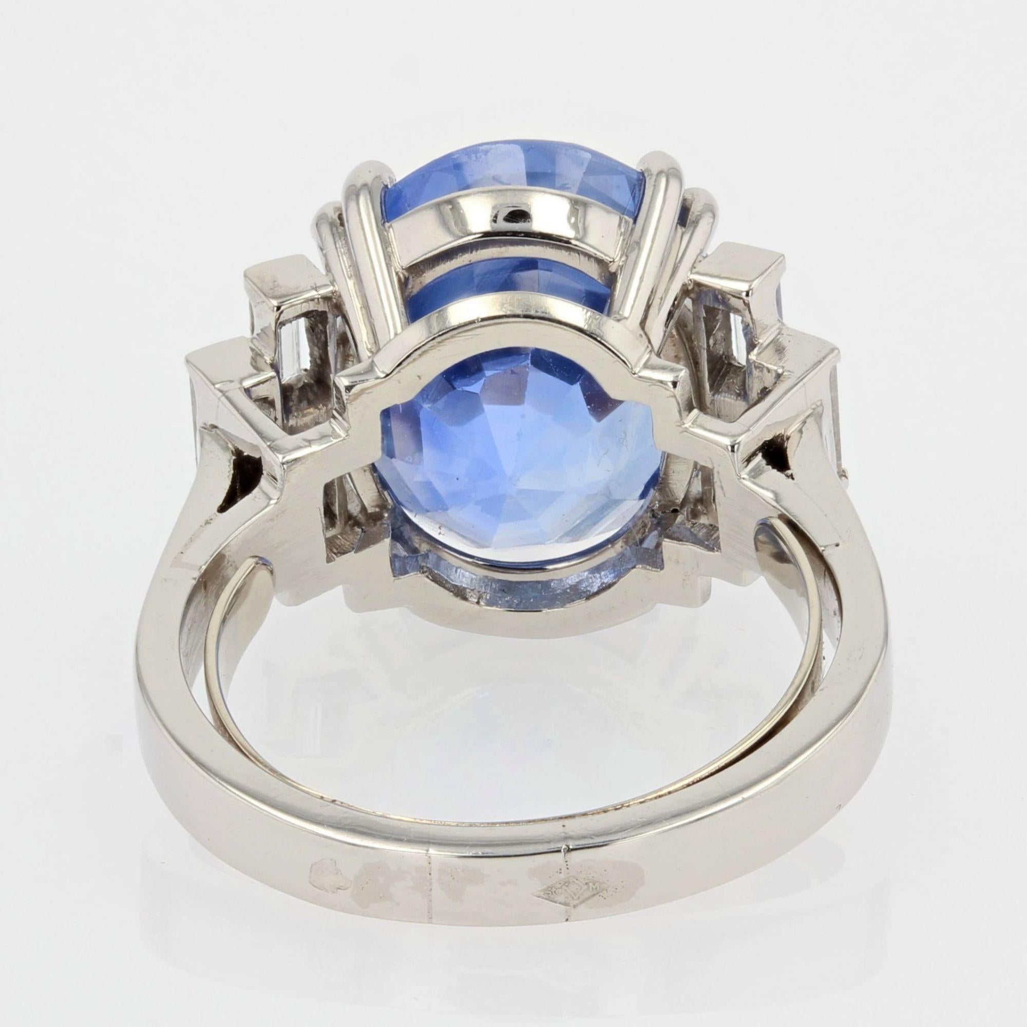 French 1930s Art Deco Natural Sapphire Baguette Diamond Platinum Ring 10