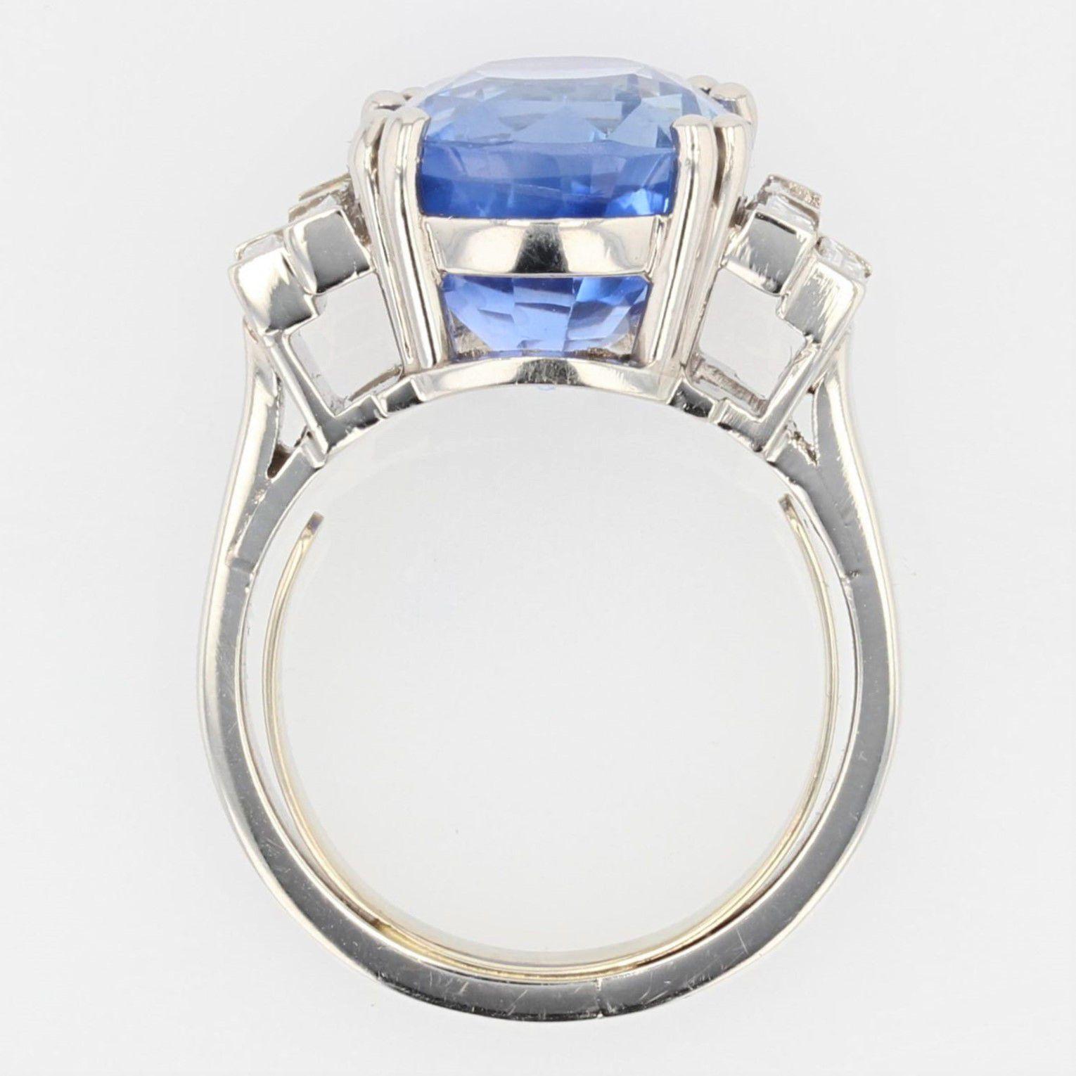 French 1930s Art Deco Natural Sapphire Baguette Diamond Platinum Ring 12