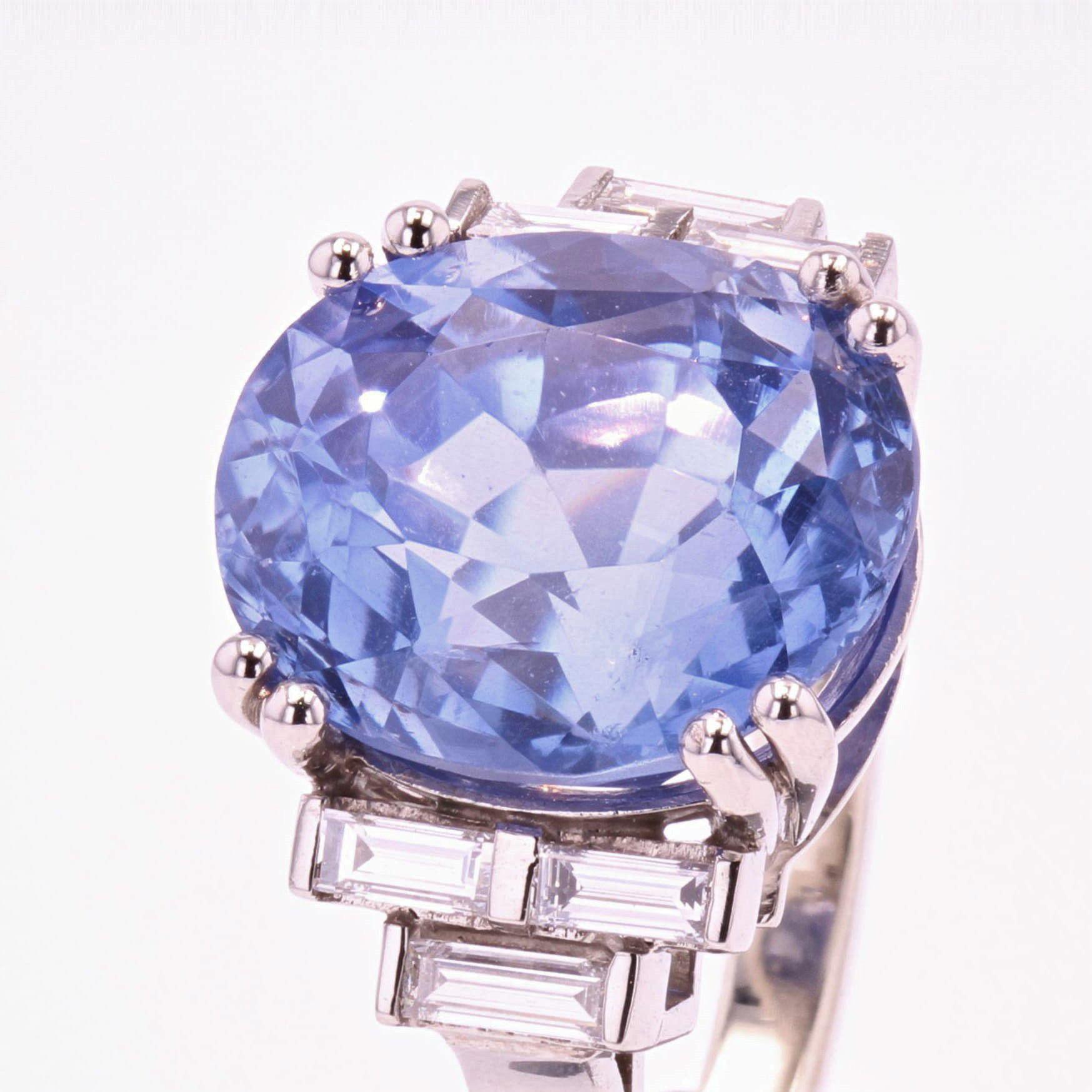 French 1930s Art Deco Natural Sapphire Baguette Diamond Platinum Ring 1