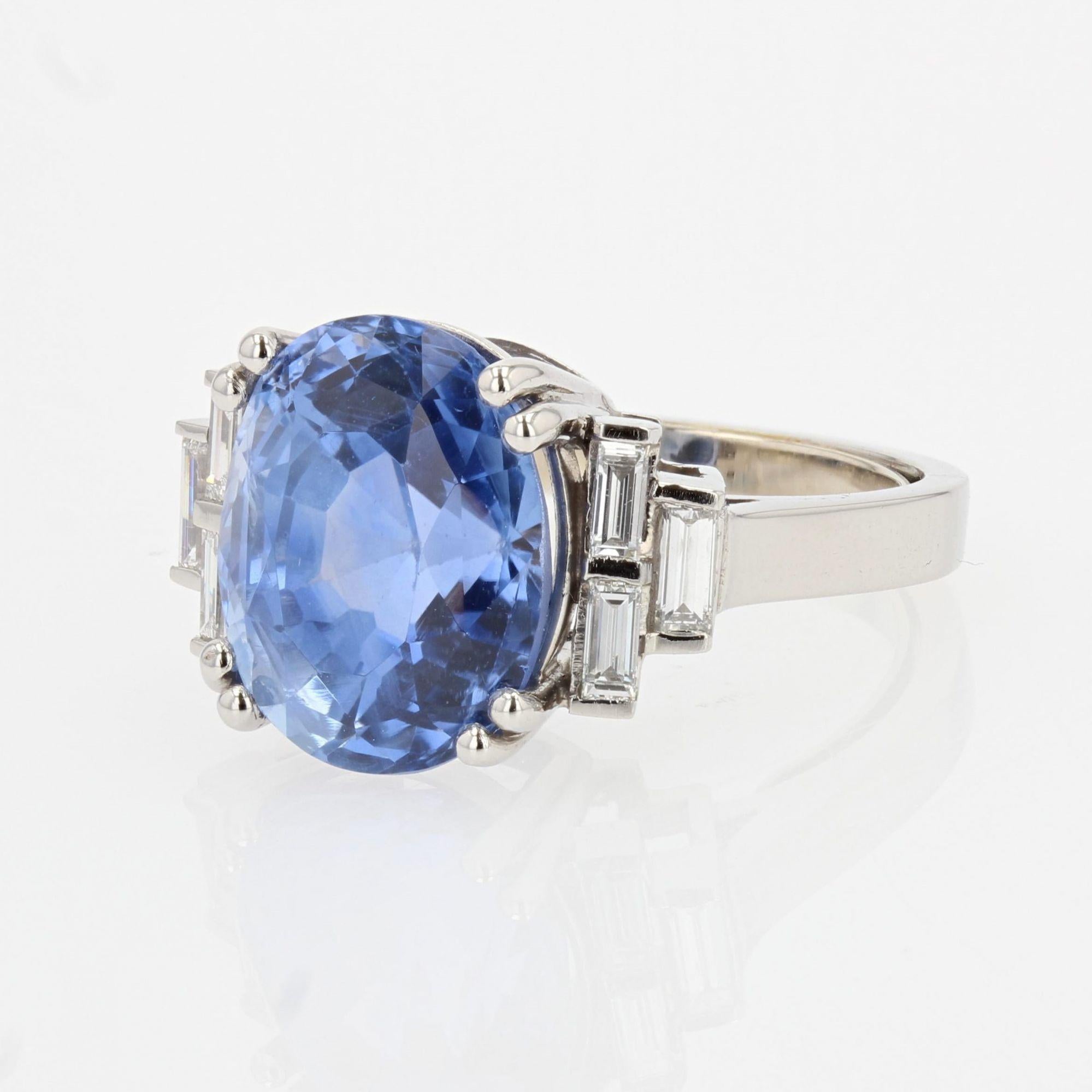French 1930s Art Deco Natural Sapphire Baguette Diamond Platinum Ring 3