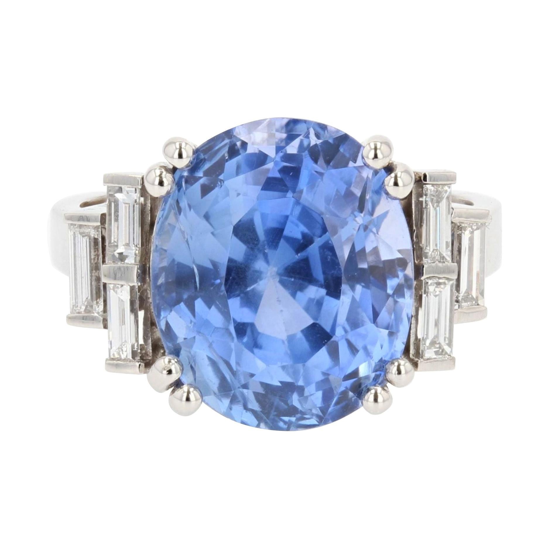 French 1930s Art Deco Natural Sapphire Baguette Diamond Platinum Ring