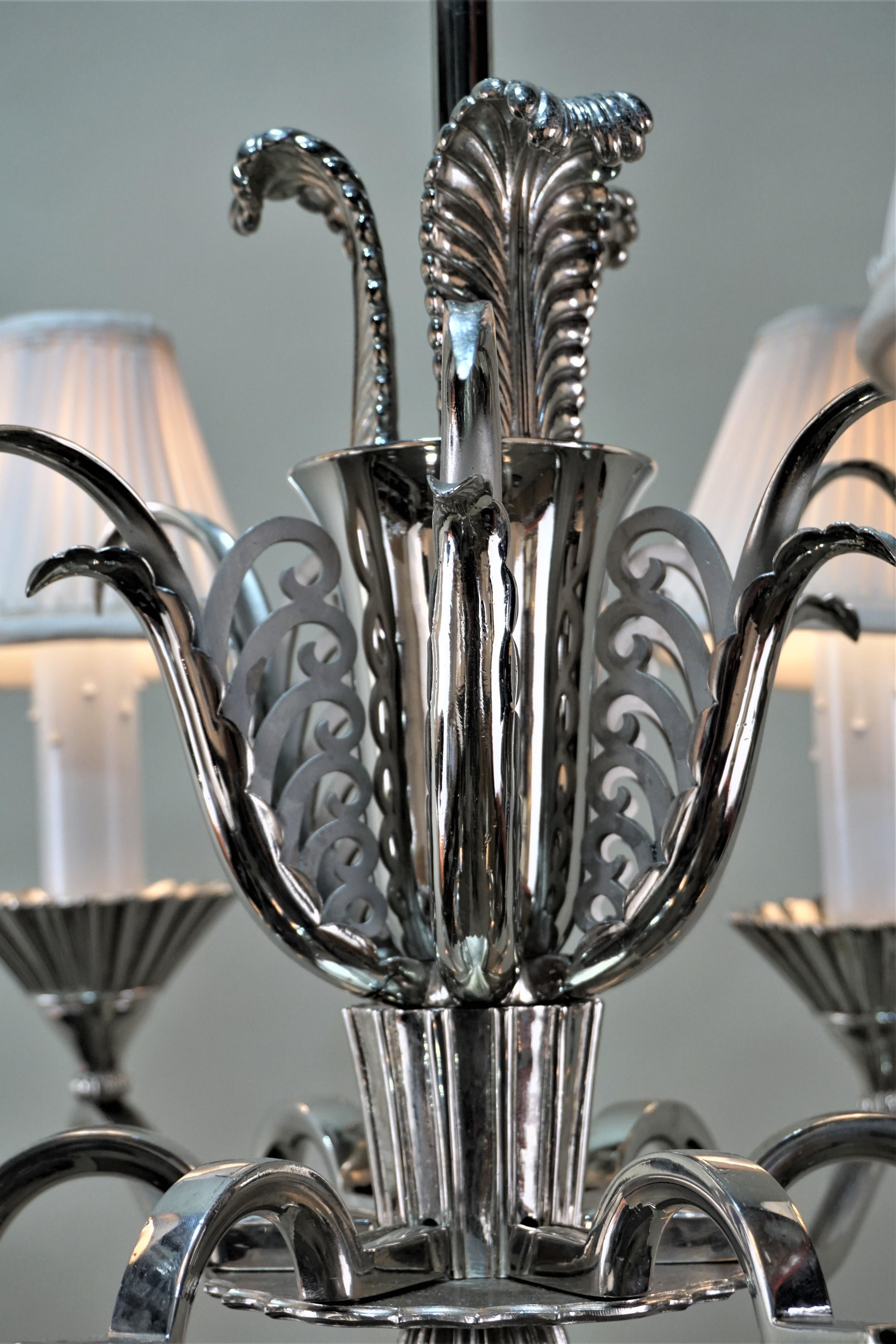 French 1930s polished and satin nickel on bronze chandelier.