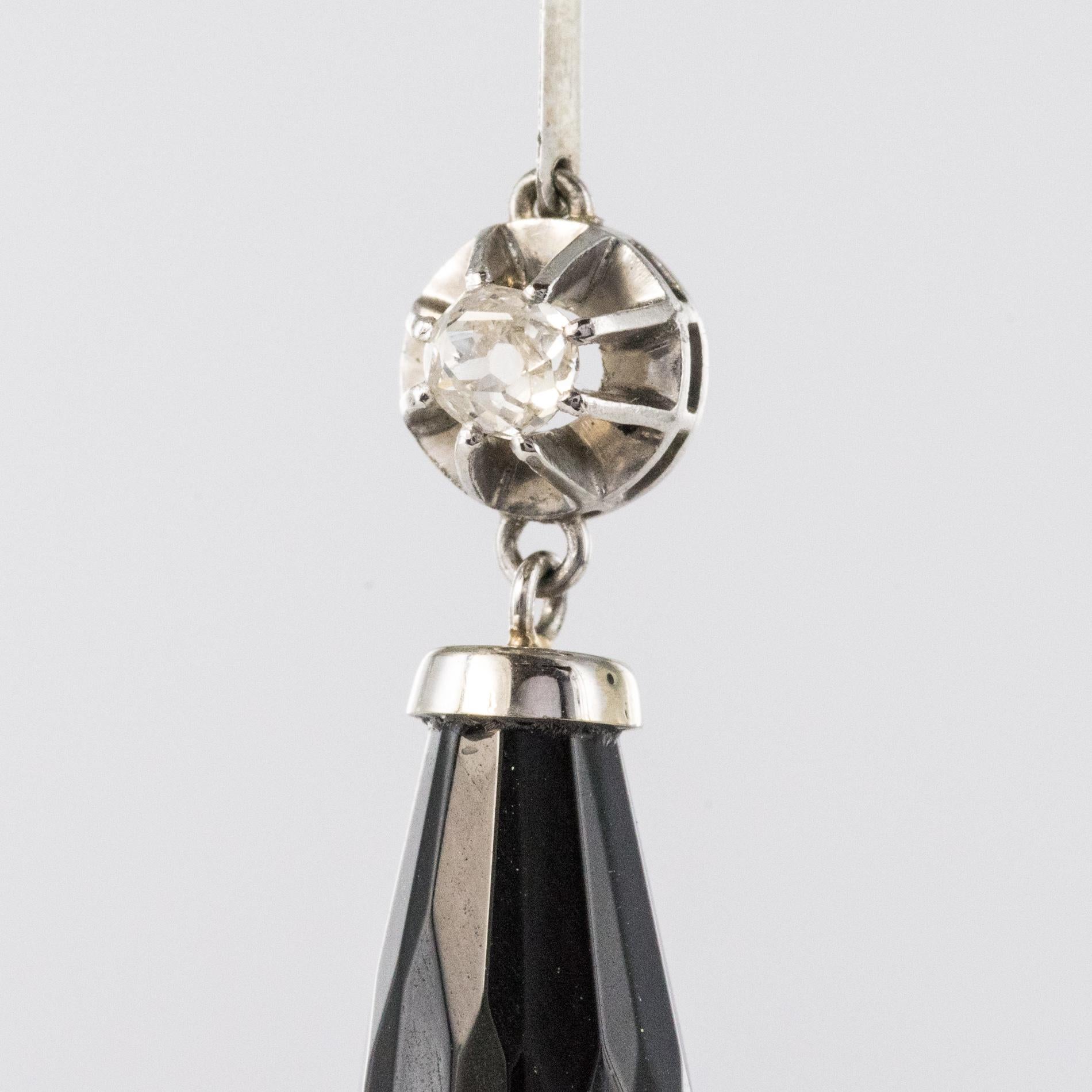 Women's French 1930s Art Deco Onyx Diamonds Platinum Dangle Earrings