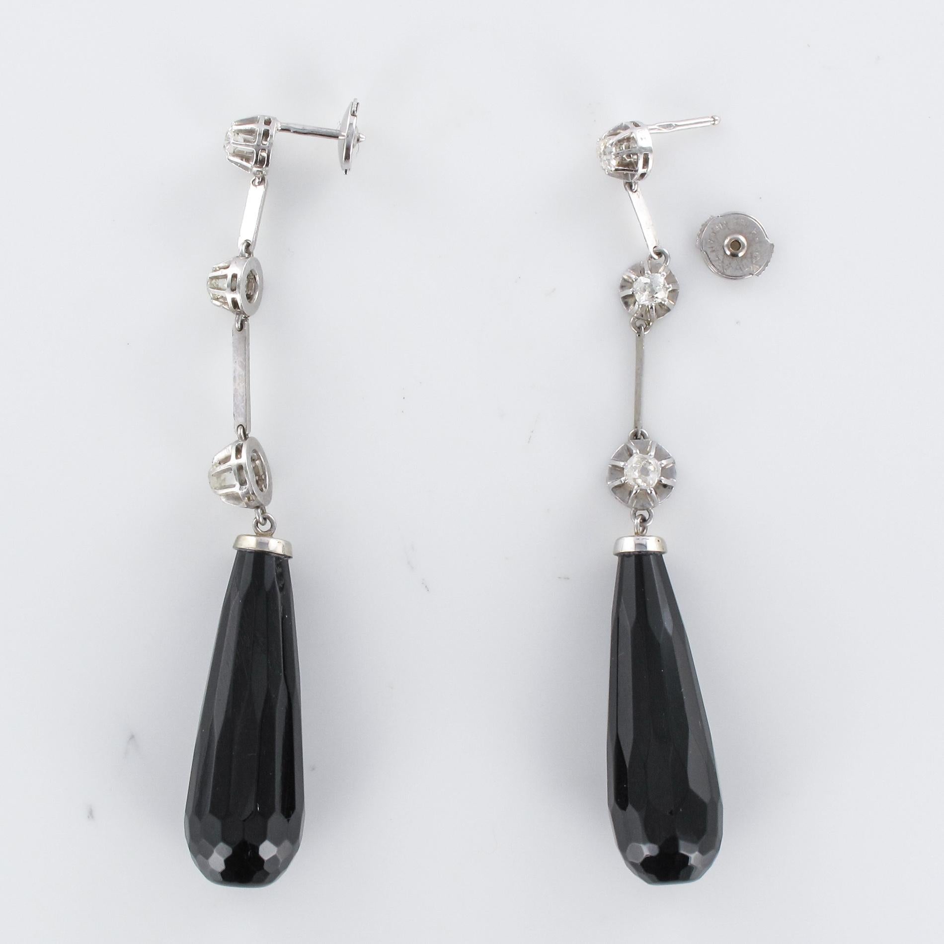French 1930s Art Deco Onyx Diamonds Platinum Dangle Earrings 4
