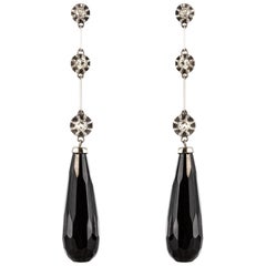 French 1930s Art Deco Onyx Diamonds Platinum Dangle Earrings