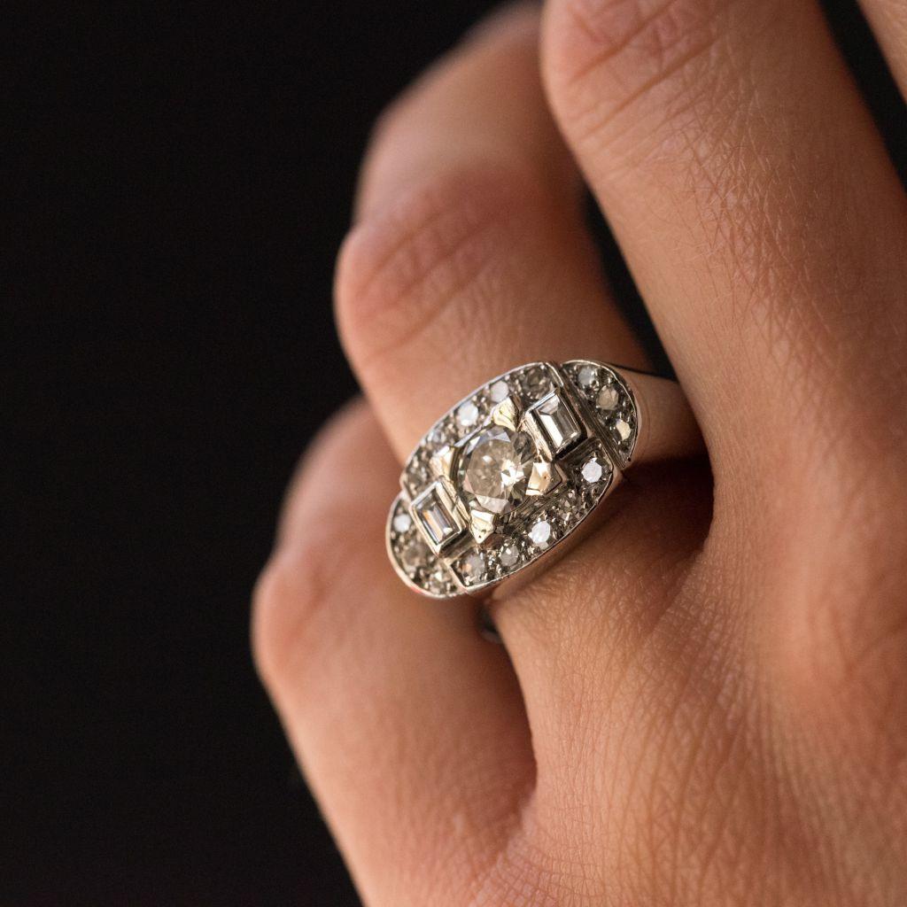 French 1930s Art Deco Platinum White Gold Diamonds Ring 6