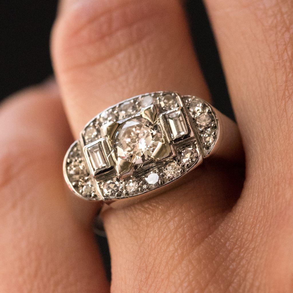 French 1930s Art Deco Platinum White Gold Diamonds Ring 11