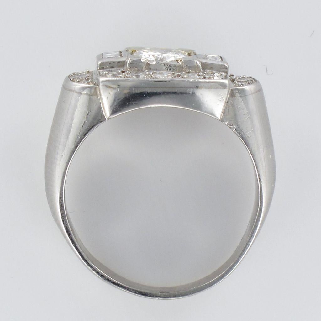 French 1930s Art Deco Platinum White Gold Diamonds Ring 14