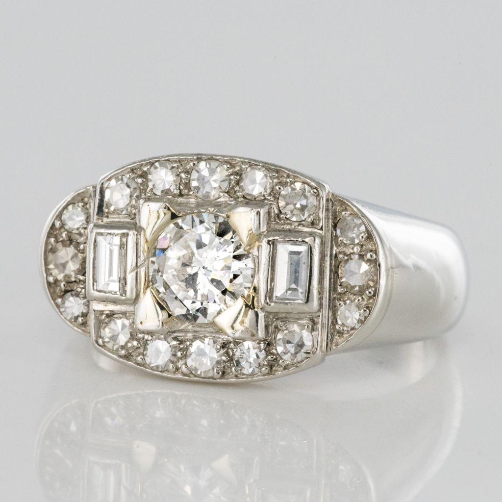 Women's French 1930s Art Deco Platinum White Gold Diamonds Ring