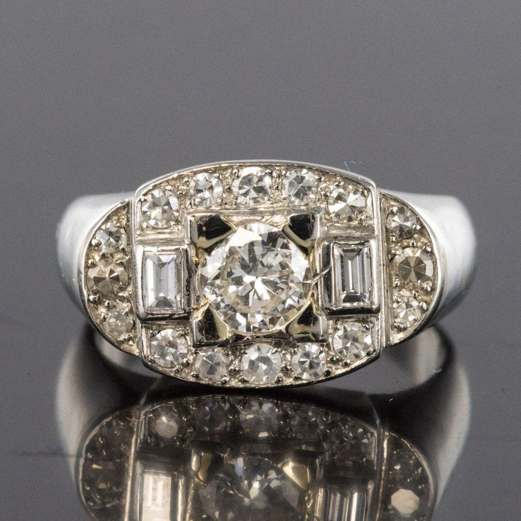 French 1930s Art Deco Platinum White Gold Diamonds Ring 1