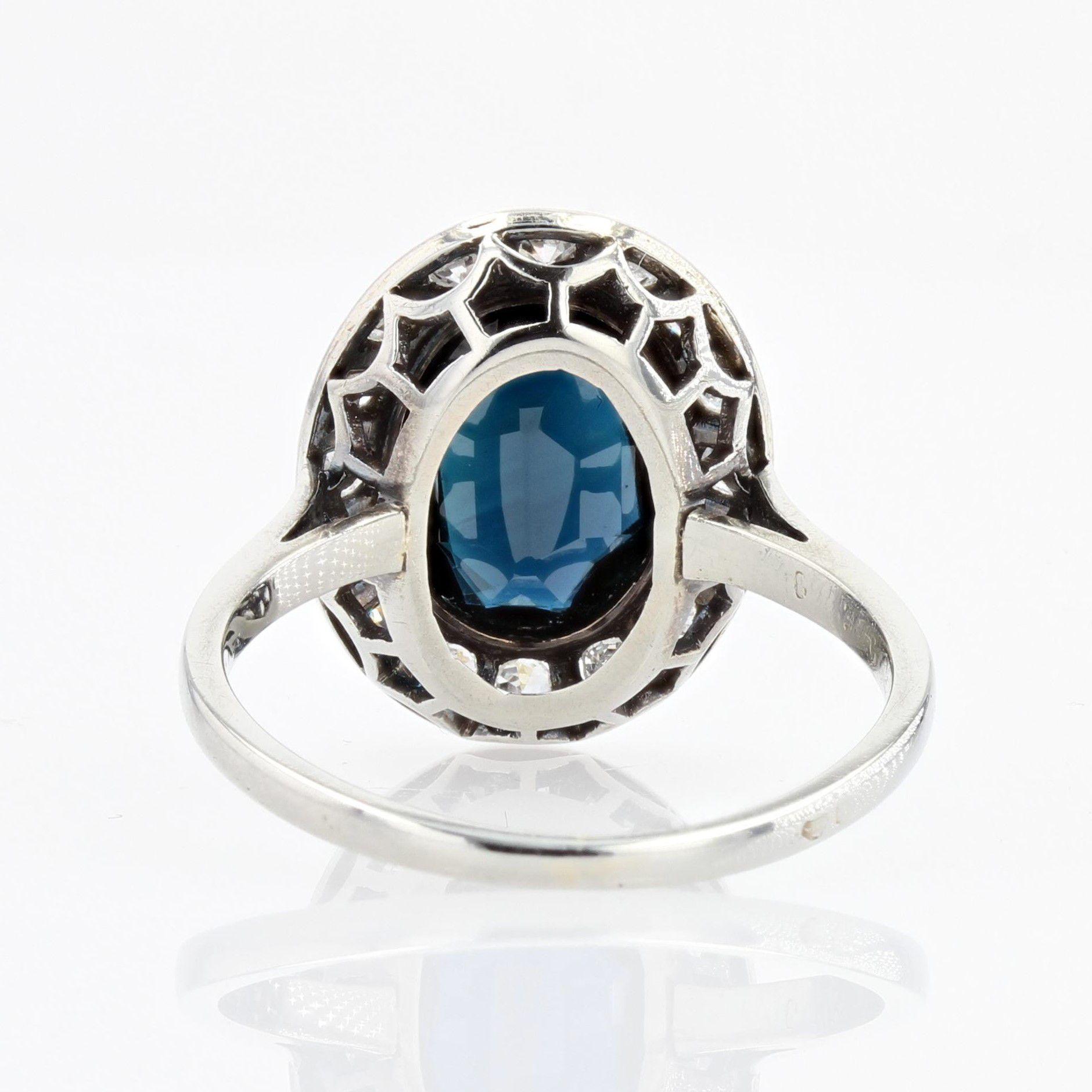 French 1930s Art Deco Sapphire Diamonds 18 Karat White Gold Platinum Ring 5
