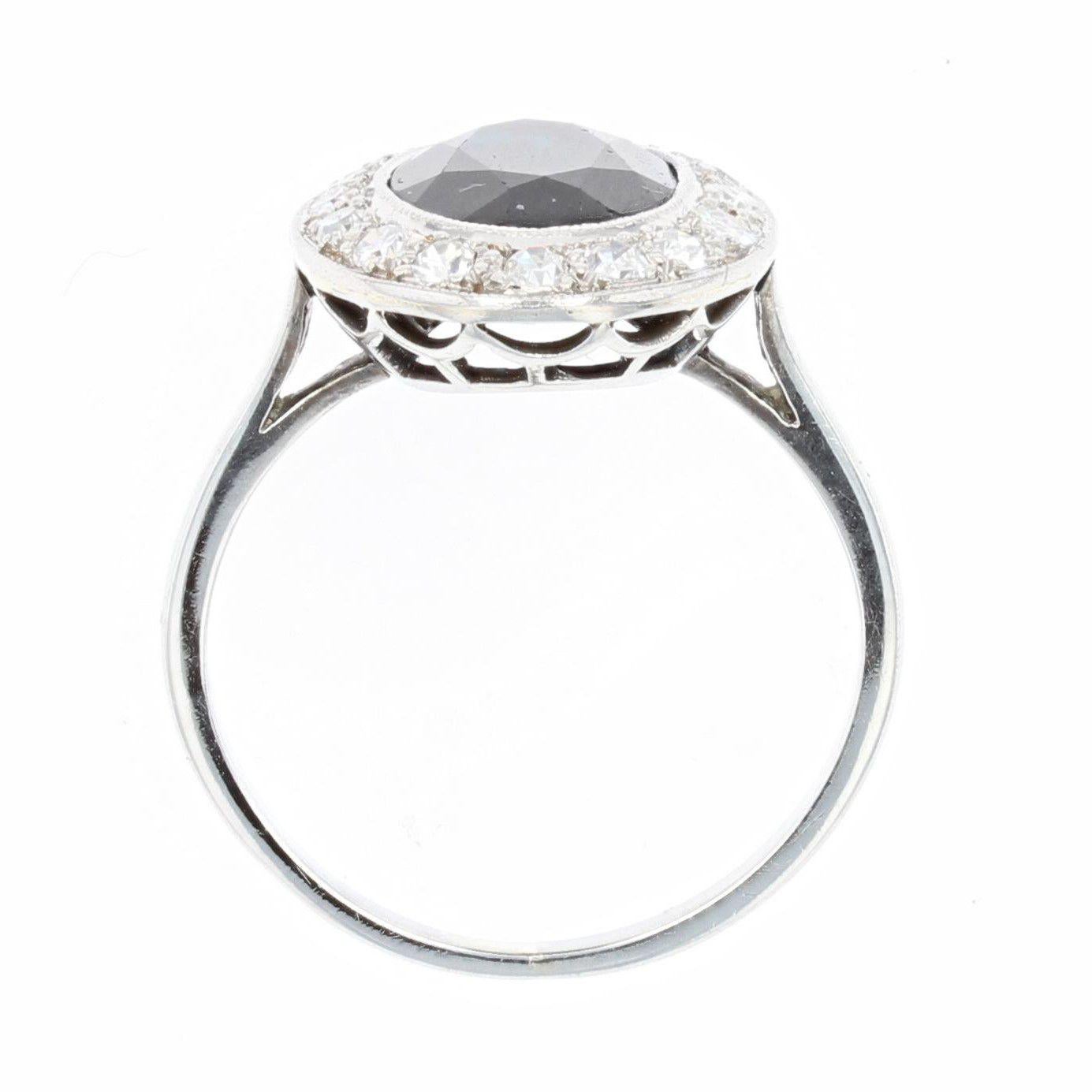 French 1930s Art Deco Sapphire Diamonds 18 Karat White Gold Platinum Ring 6