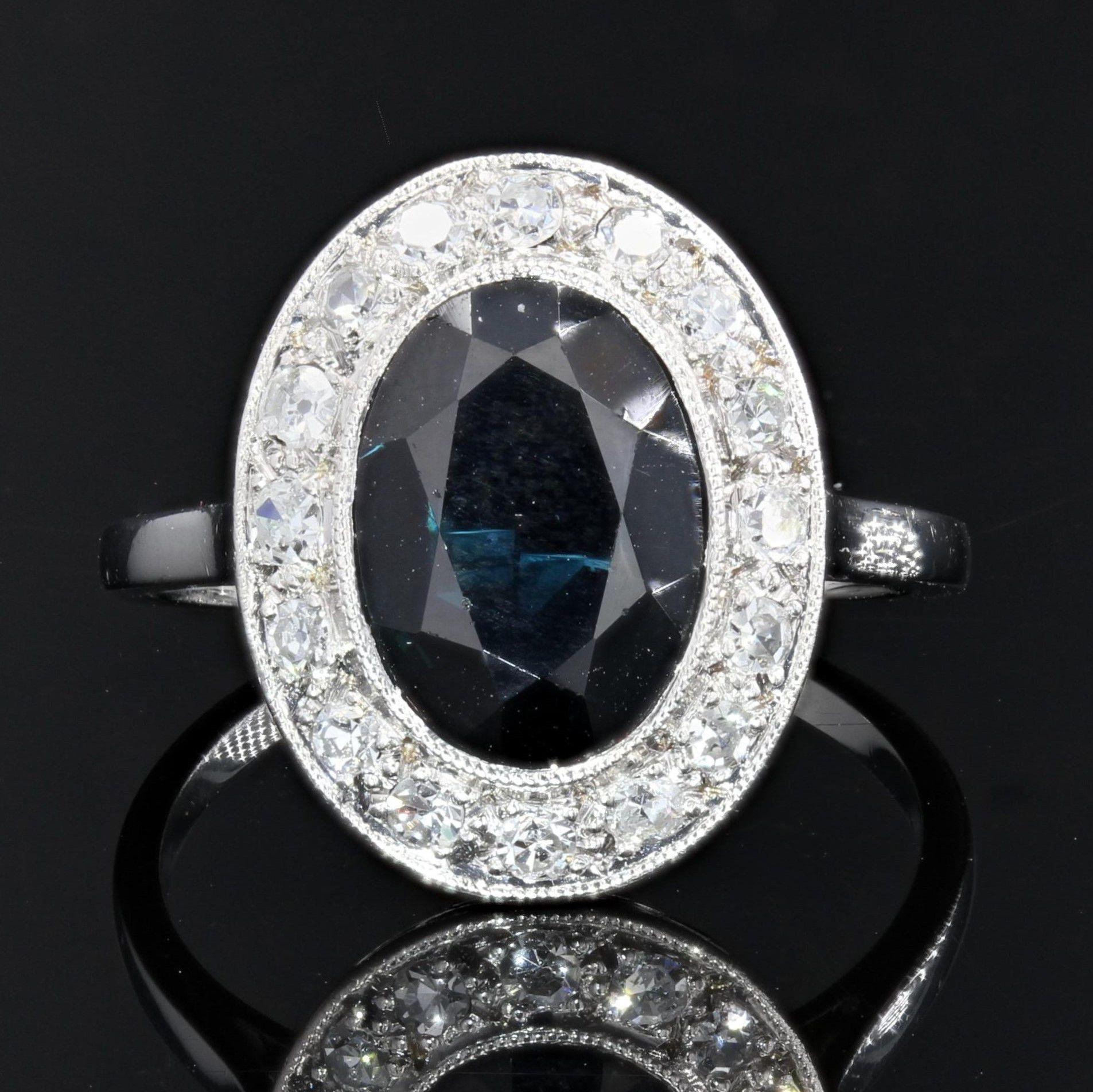Oval Cut French 1930s Art Deco Sapphire Diamonds 18 Karat White Gold Platinum Ring