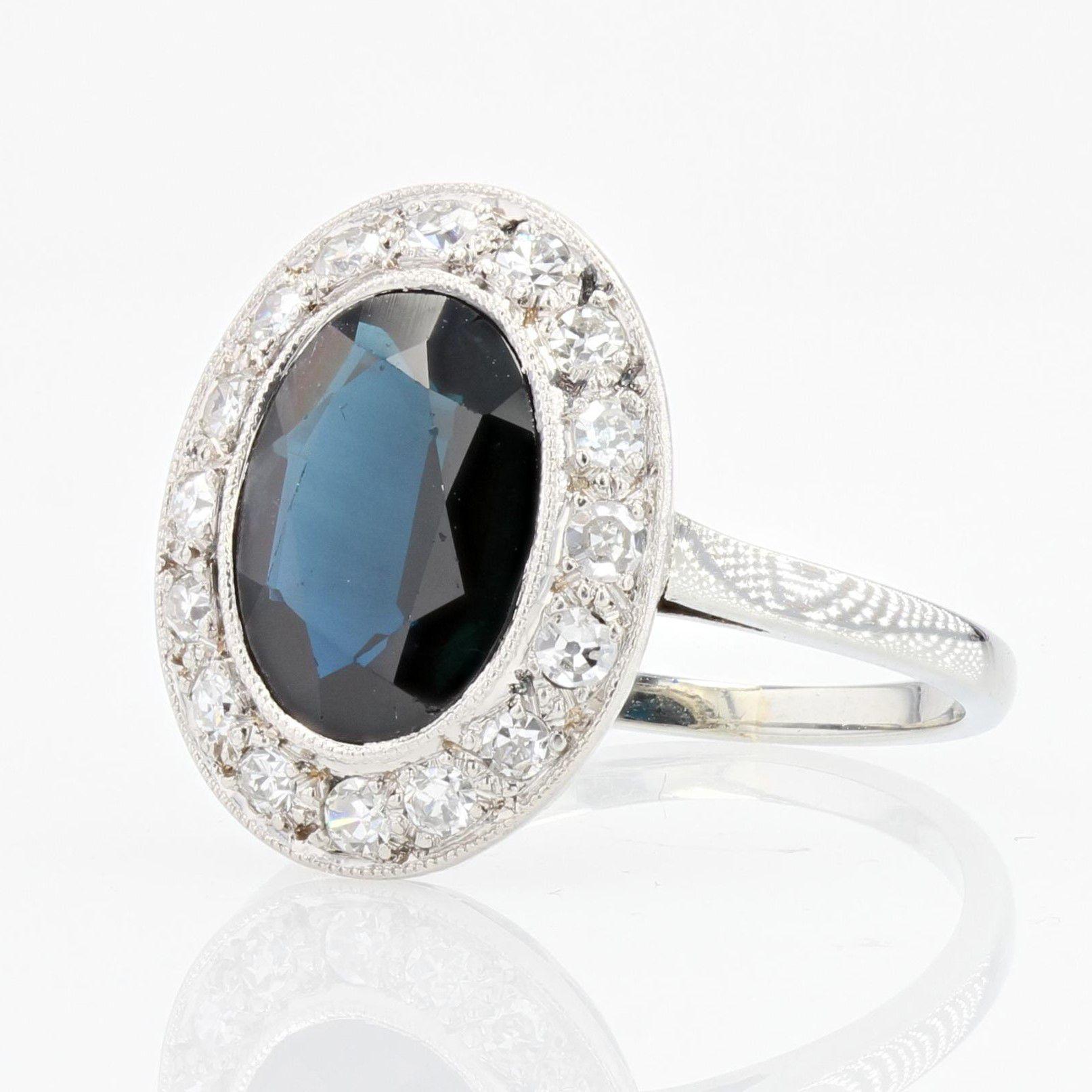 French 1930s Art Deco Sapphire Diamonds 18 Karat White Gold Platinum Ring 1