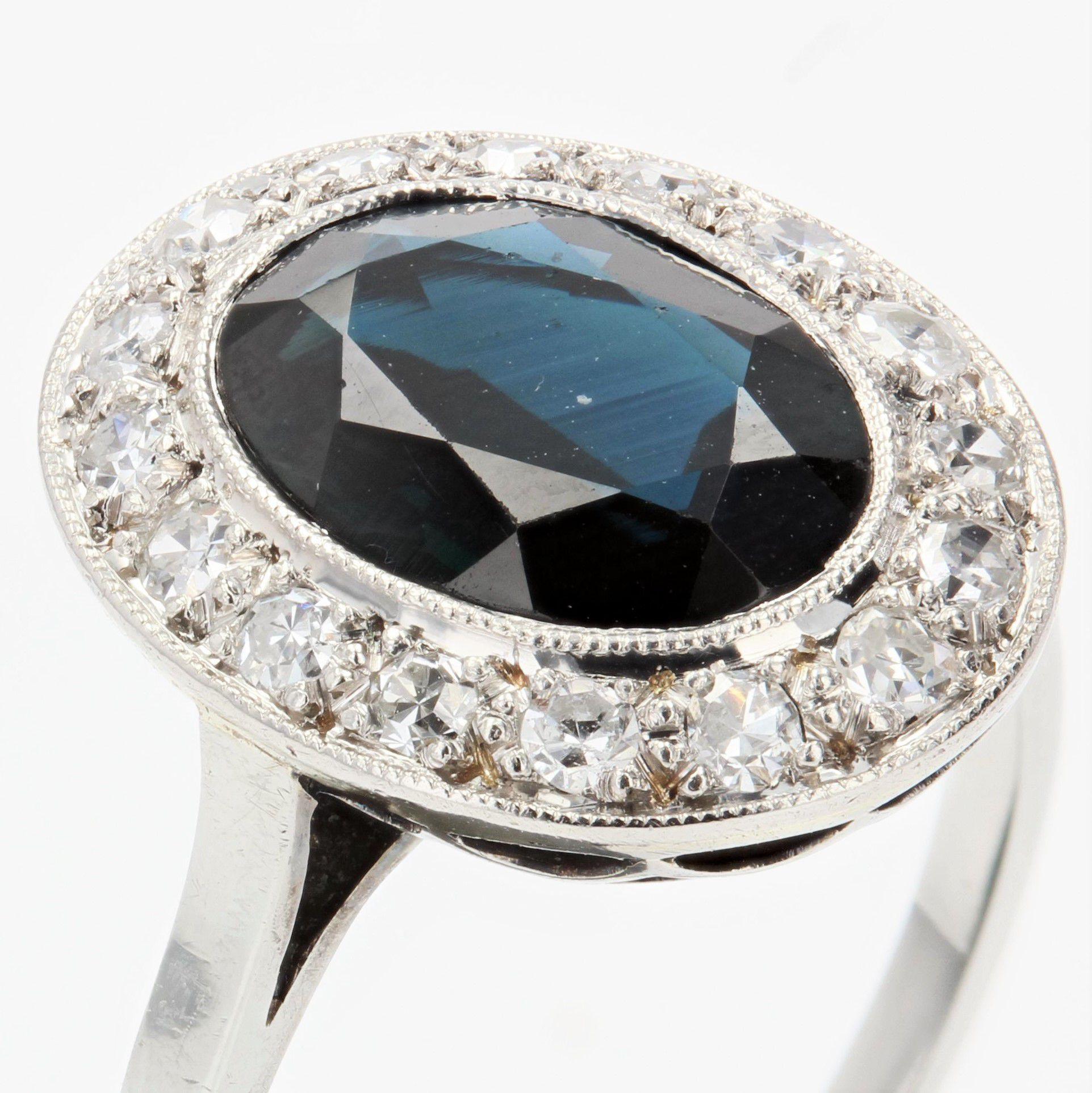 French 1930s Art Deco Sapphire Diamonds 18 Karat White Gold Platinum Ring 2