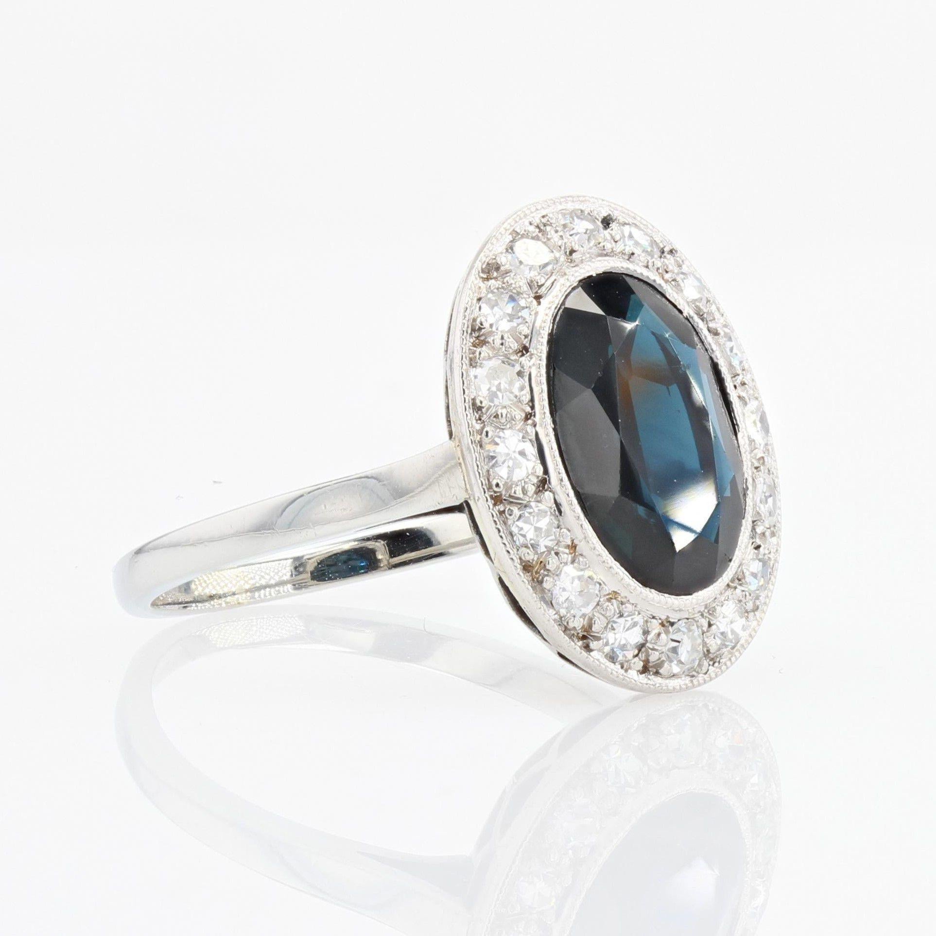 French 1930s Art Deco Sapphire Diamonds 18 Karat White Gold Platinum Ring 3