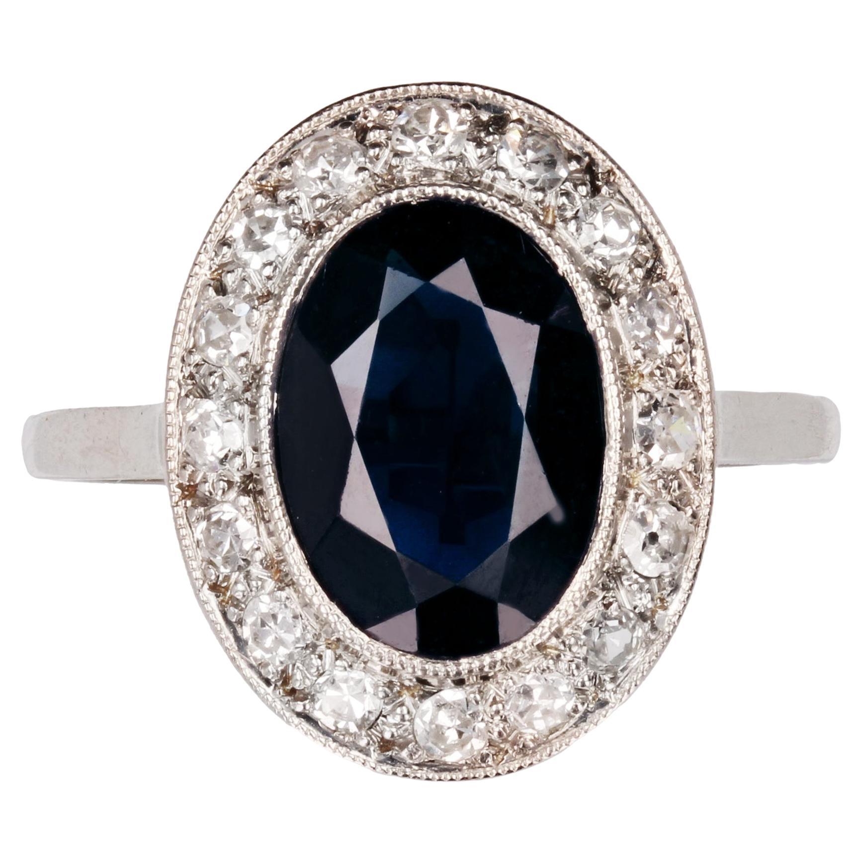 French 1930s Art Deco Sapphire Diamonds 18 Karat White Gold Platinum Ring