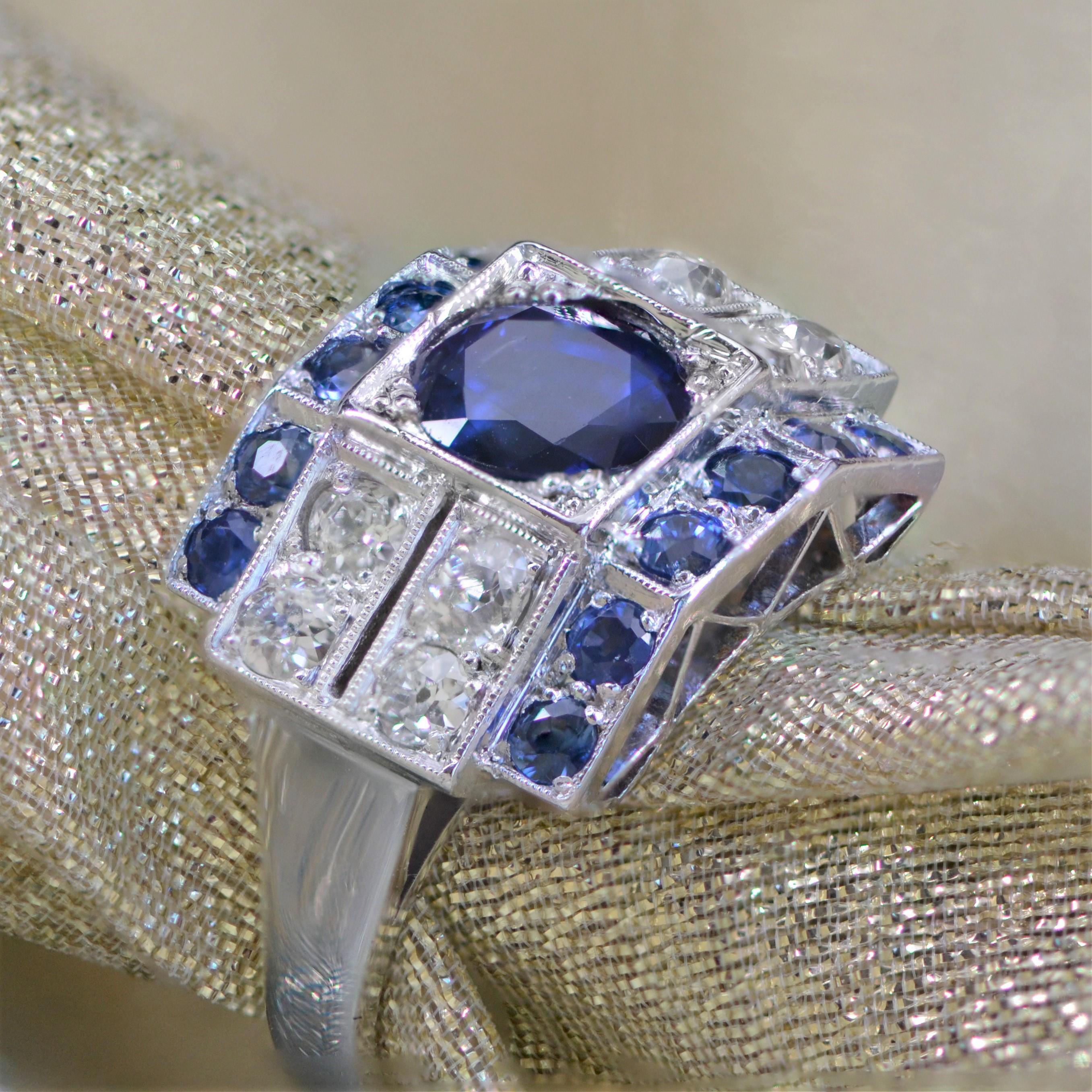 French 1930s Art Deco Sapphire Diamonds 18 Karat White Gold Ring 7