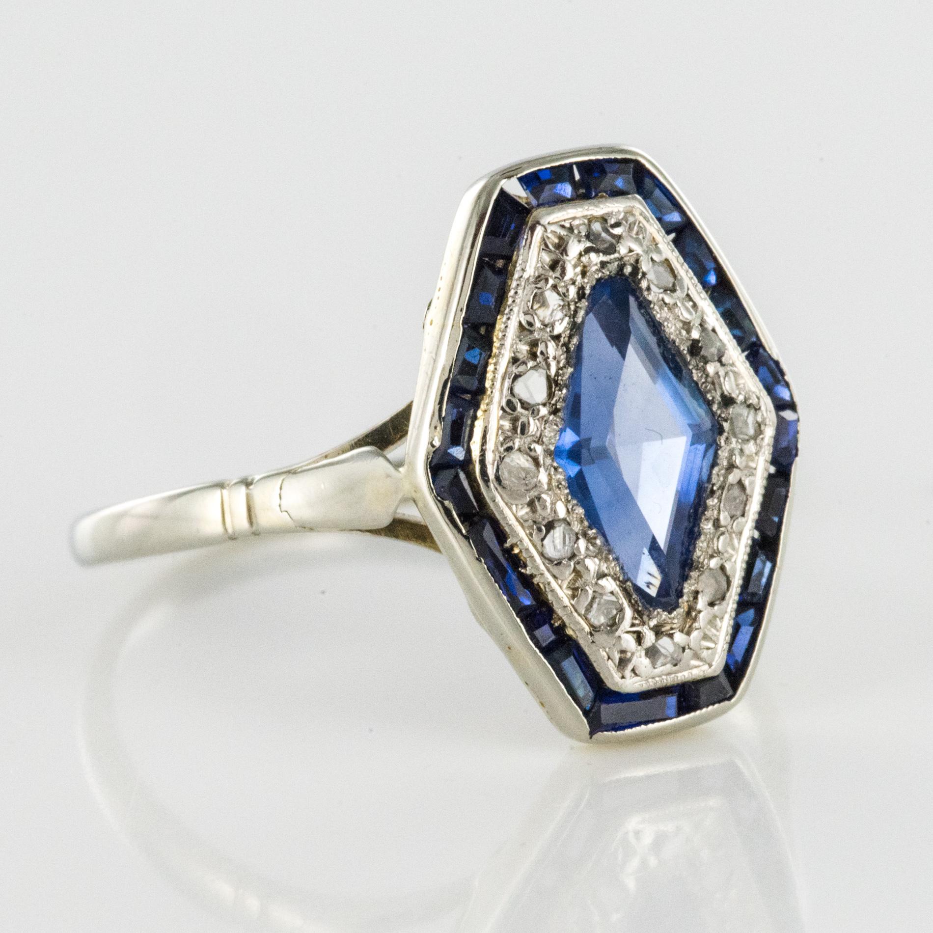 French 1930s Art Deco Sapphire Diamonds Hexagonal Ring 6