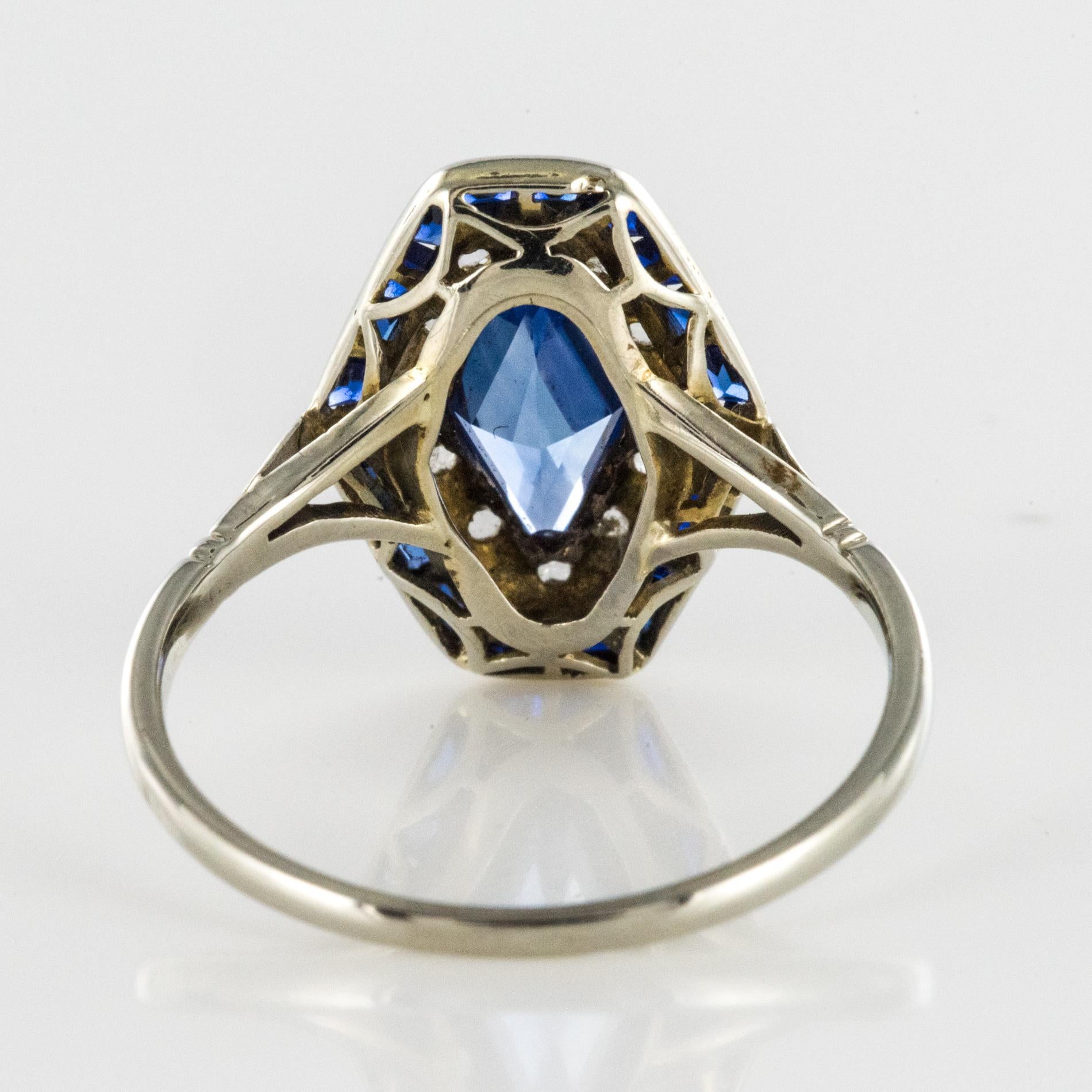 French 1930s Art Deco Sapphire Diamonds Hexagonal Ring 7