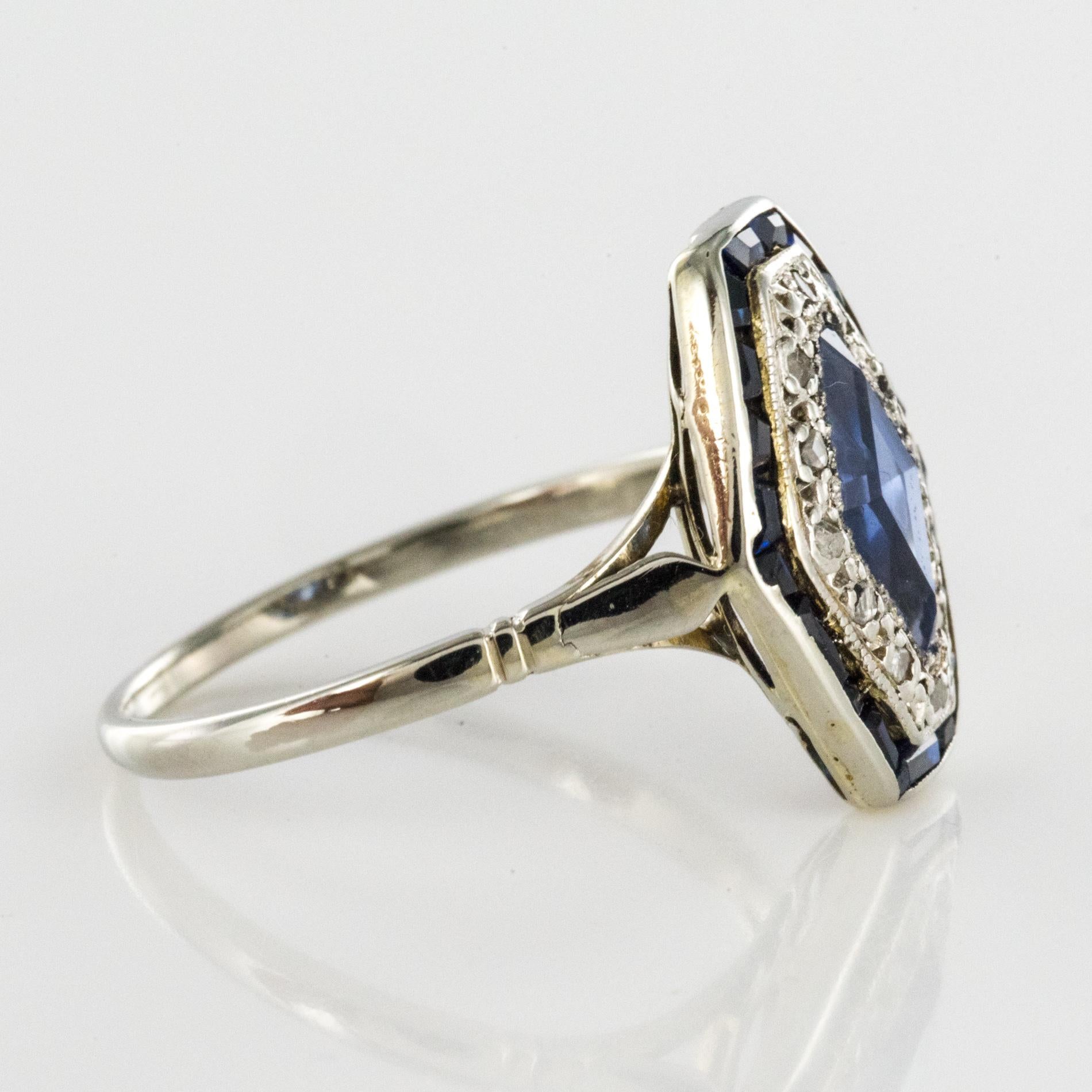 French 1930s Art Deco Sapphire Diamonds Hexagonal Ring 9