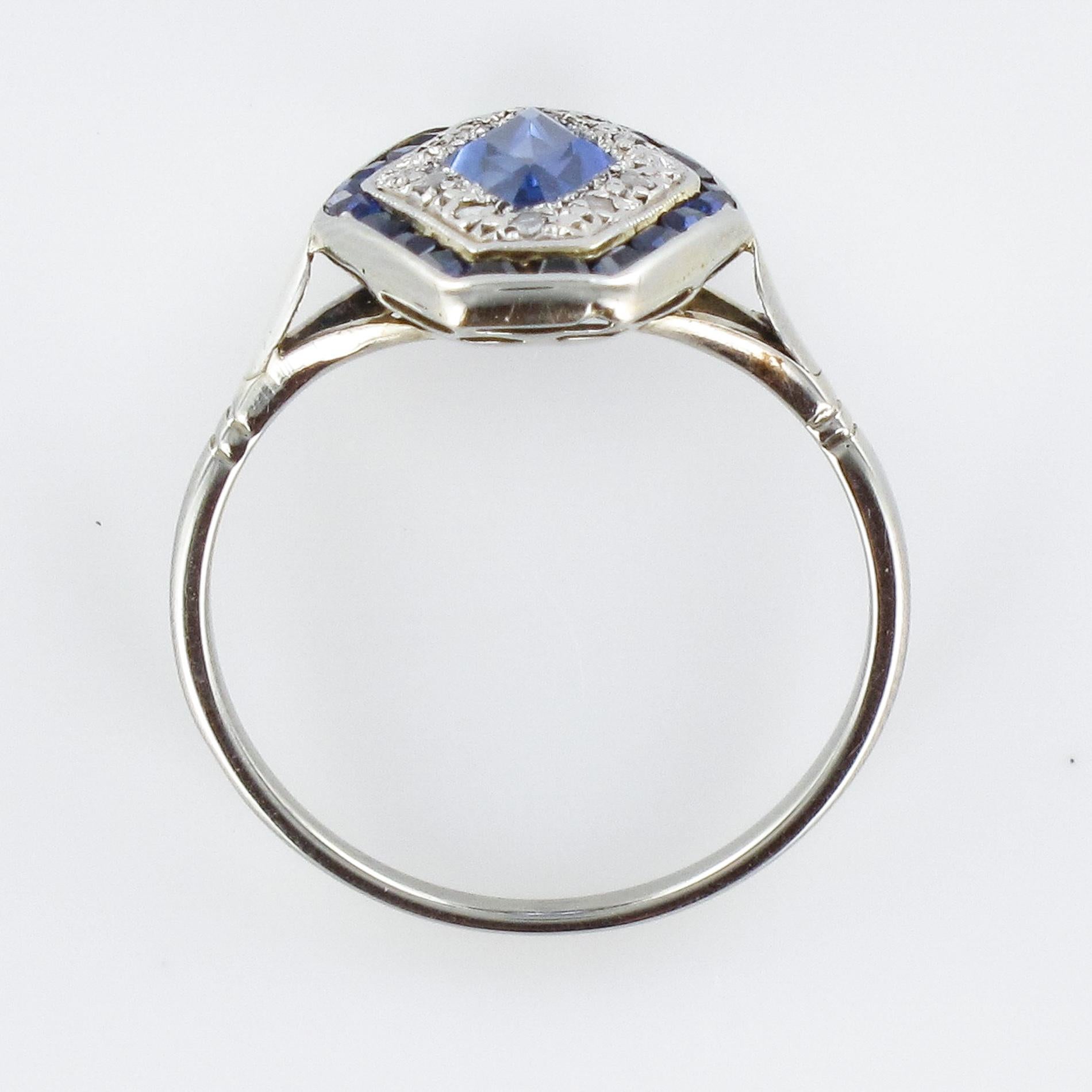 French 1930s Art Deco Sapphire Diamonds Hexagonal Ring 10