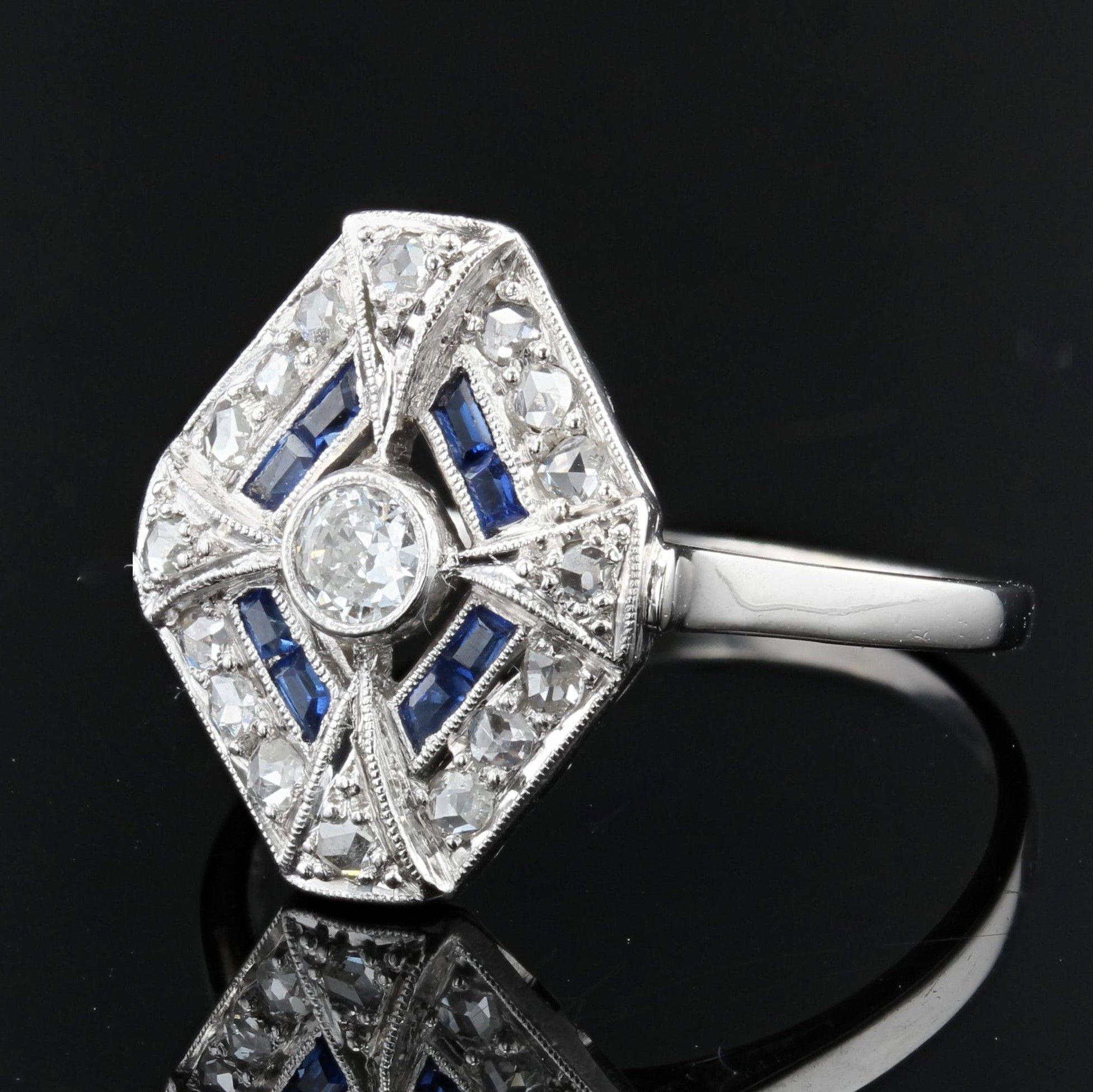 Brilliant Cut French 1930s Art Deco Sapphire Diamonds Hexagonal Ring