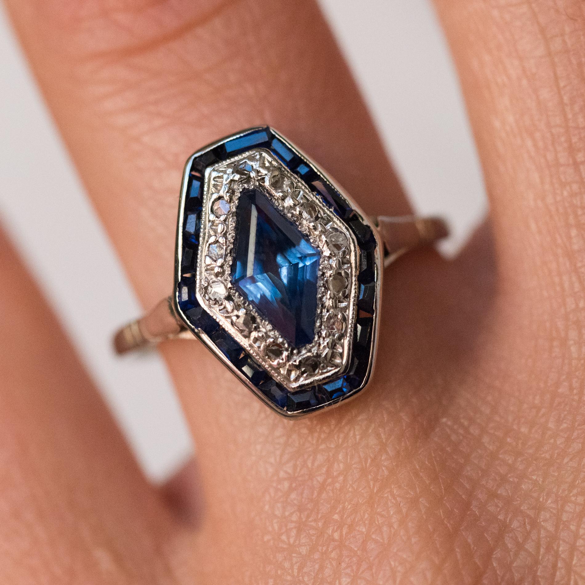 French 1930s Art Deco Sapphire Diamonds Hexagonal Ring 1