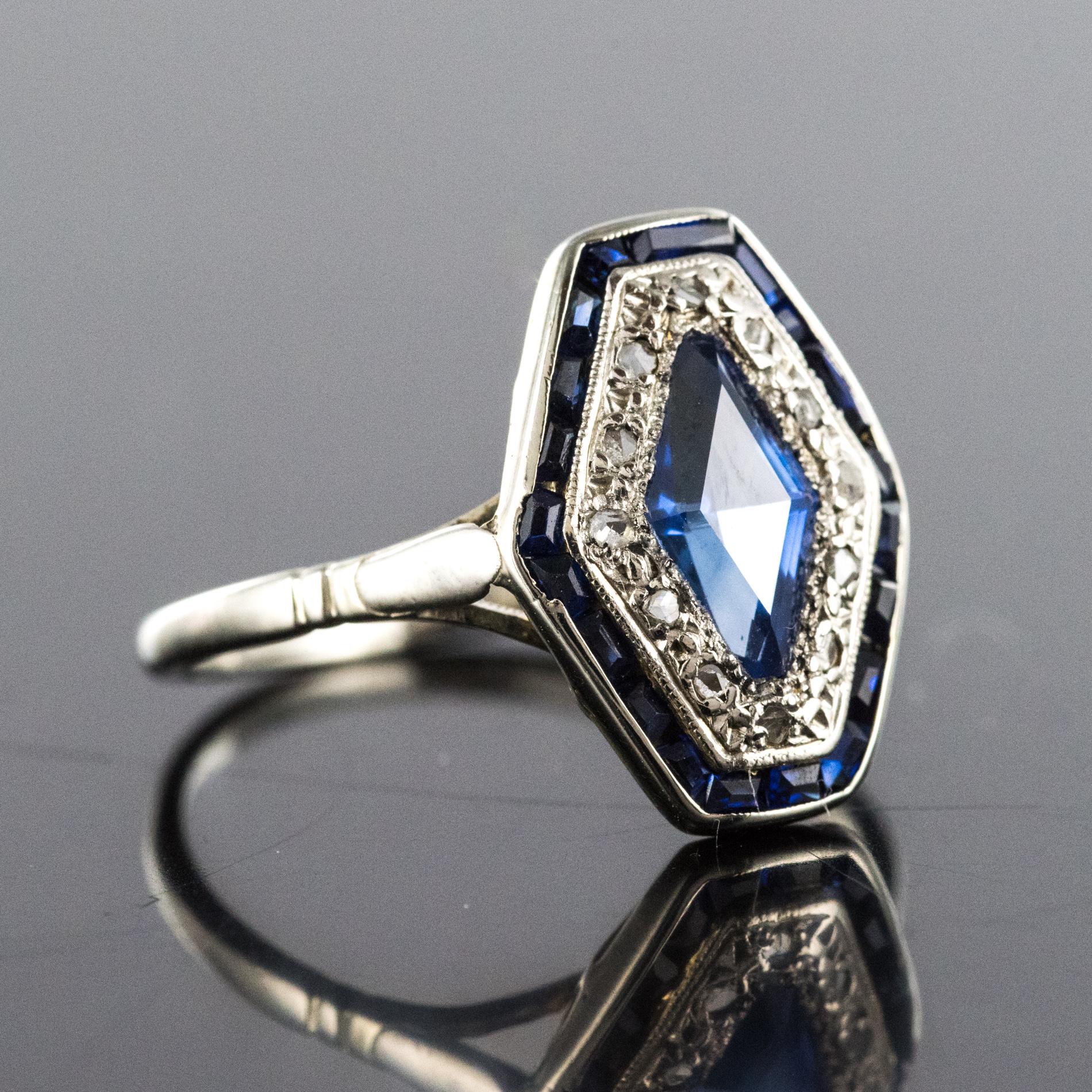 French 1930s Art Deco Sapphire Diamonds Hexagonal Ring 2