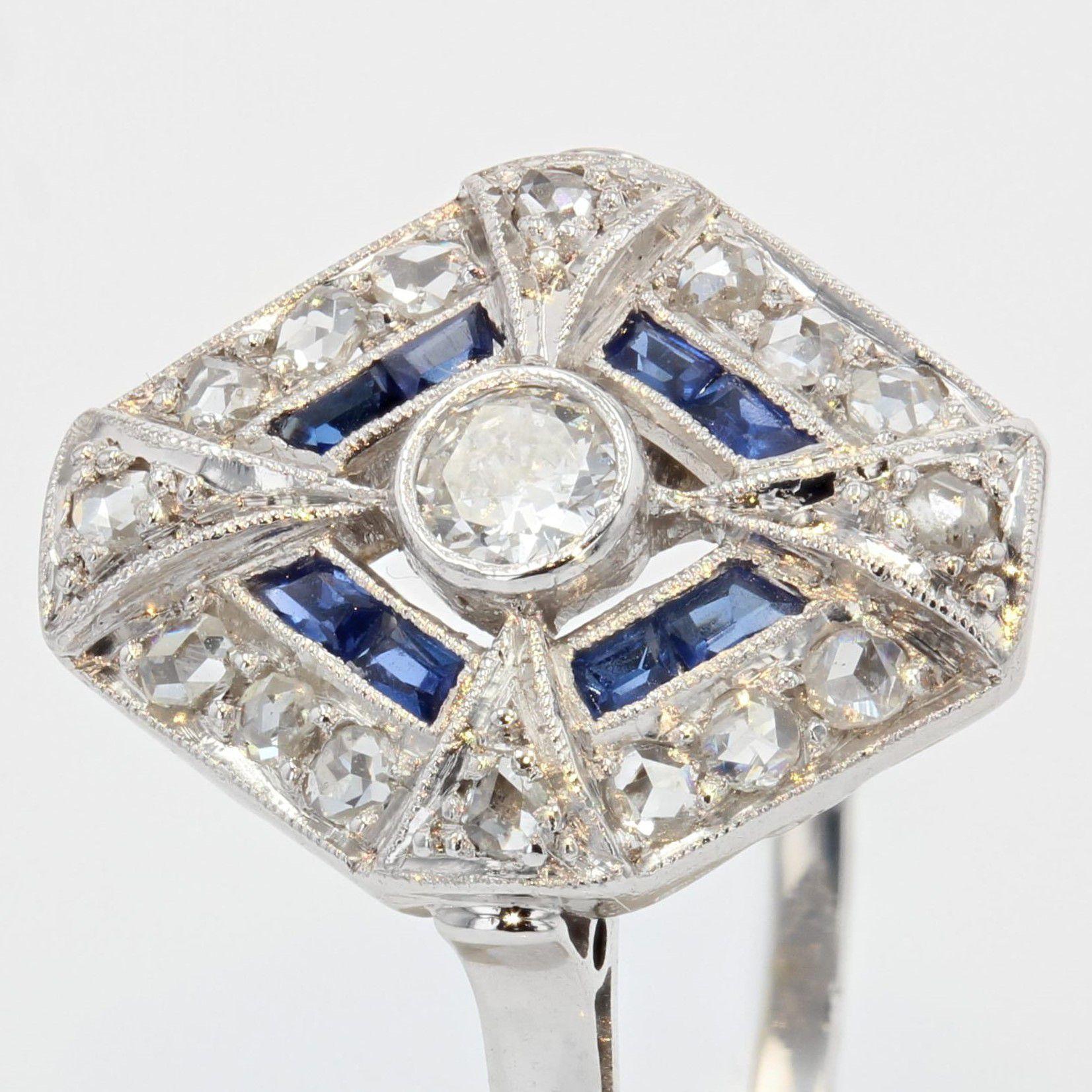 French 1930s Art Deco Sapphire Diamonds Hexagonal Ring 1