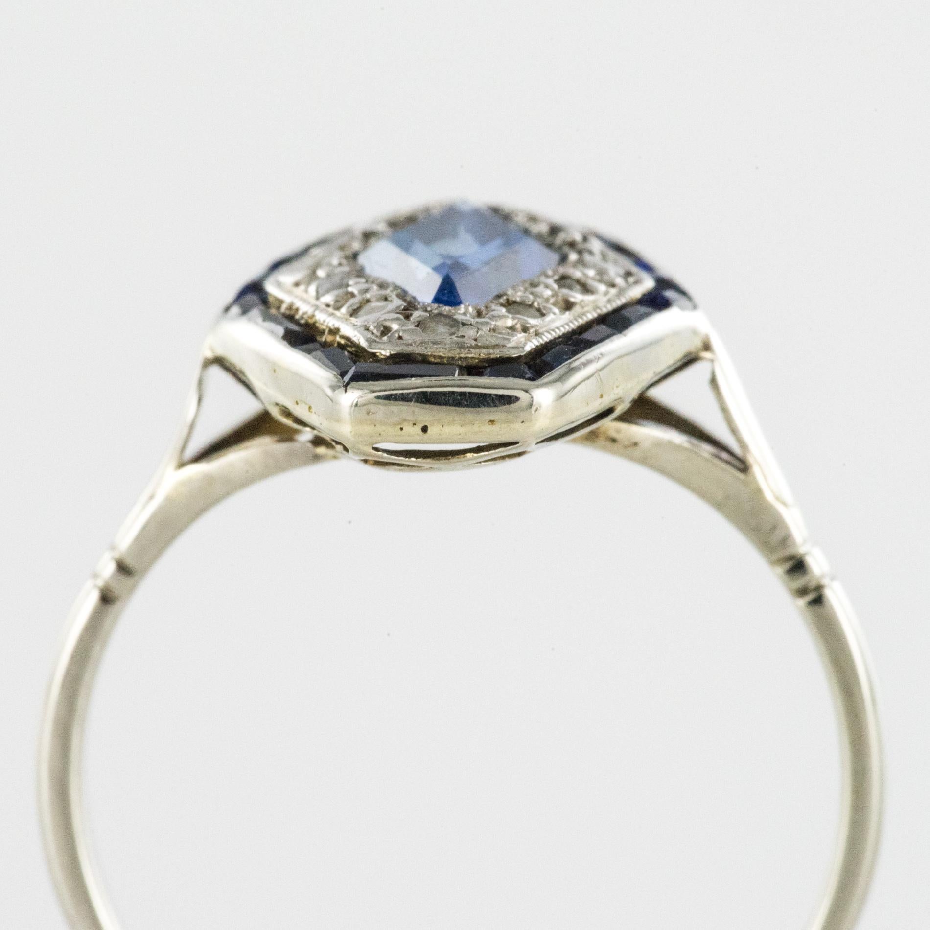 French 1930s Art Deco Sapphire Diamonds Hexagonal Ring 3