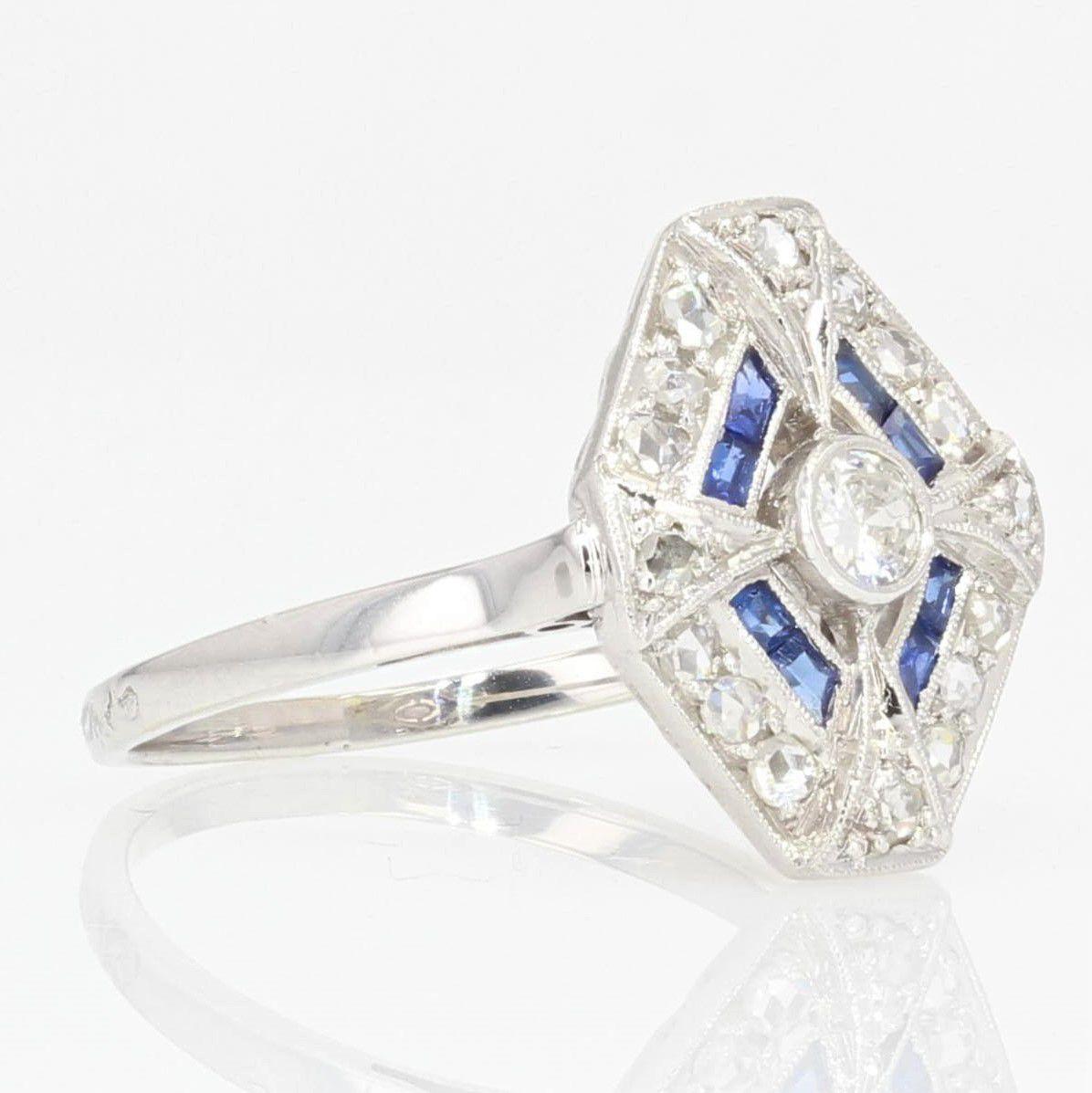 French 1930s Art Deco Sapphire Diamonds Hexagonal Ring 2