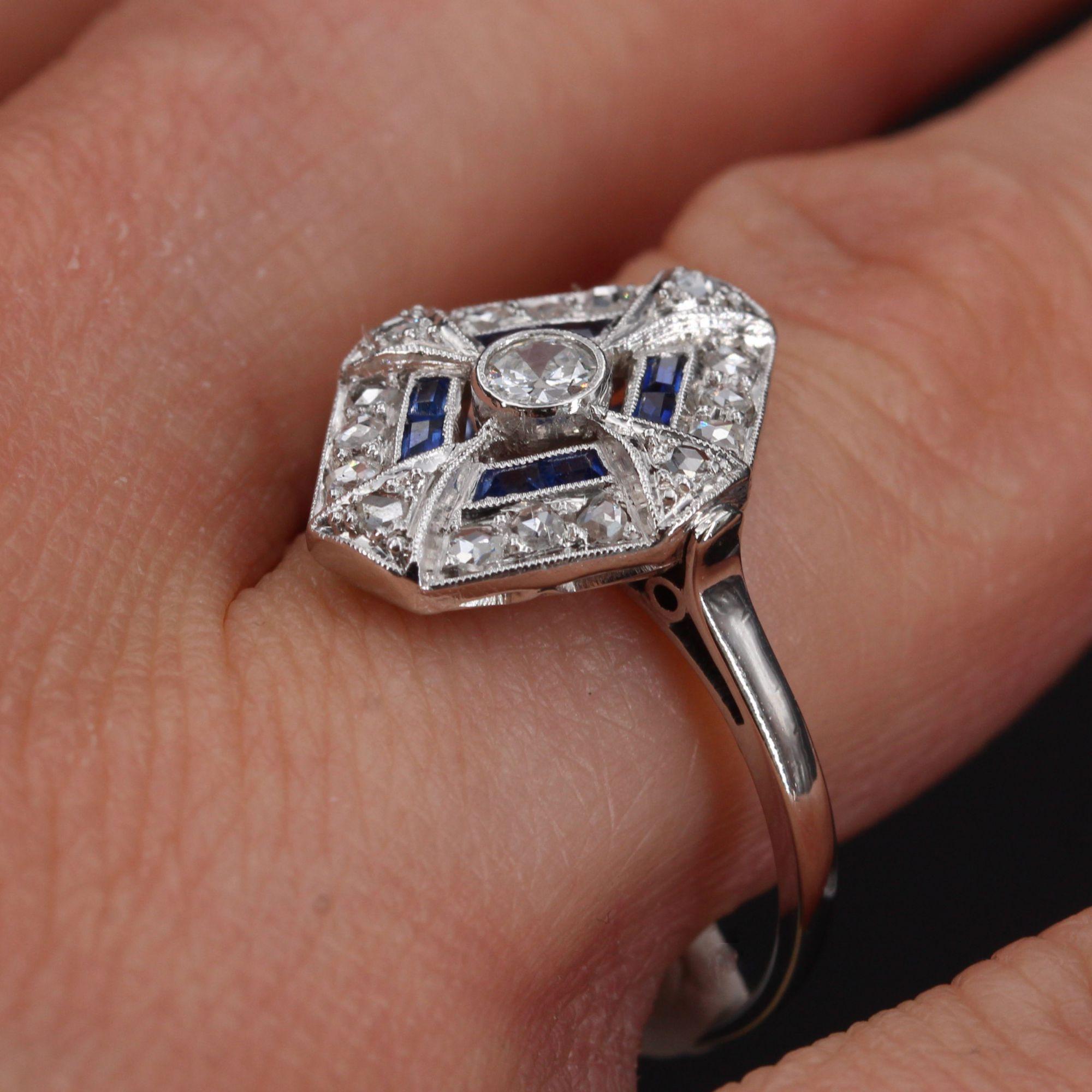 French 1930s Art Deco Sapphire Diamonds Hexagonal Ring 3