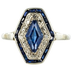 Vintage French 1930s Art Deco Sapphire Diamonds Hexagonal Ring