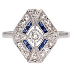 Vintage French 1930s Art Deco Sapphire Diamonds Hexagonal Ring