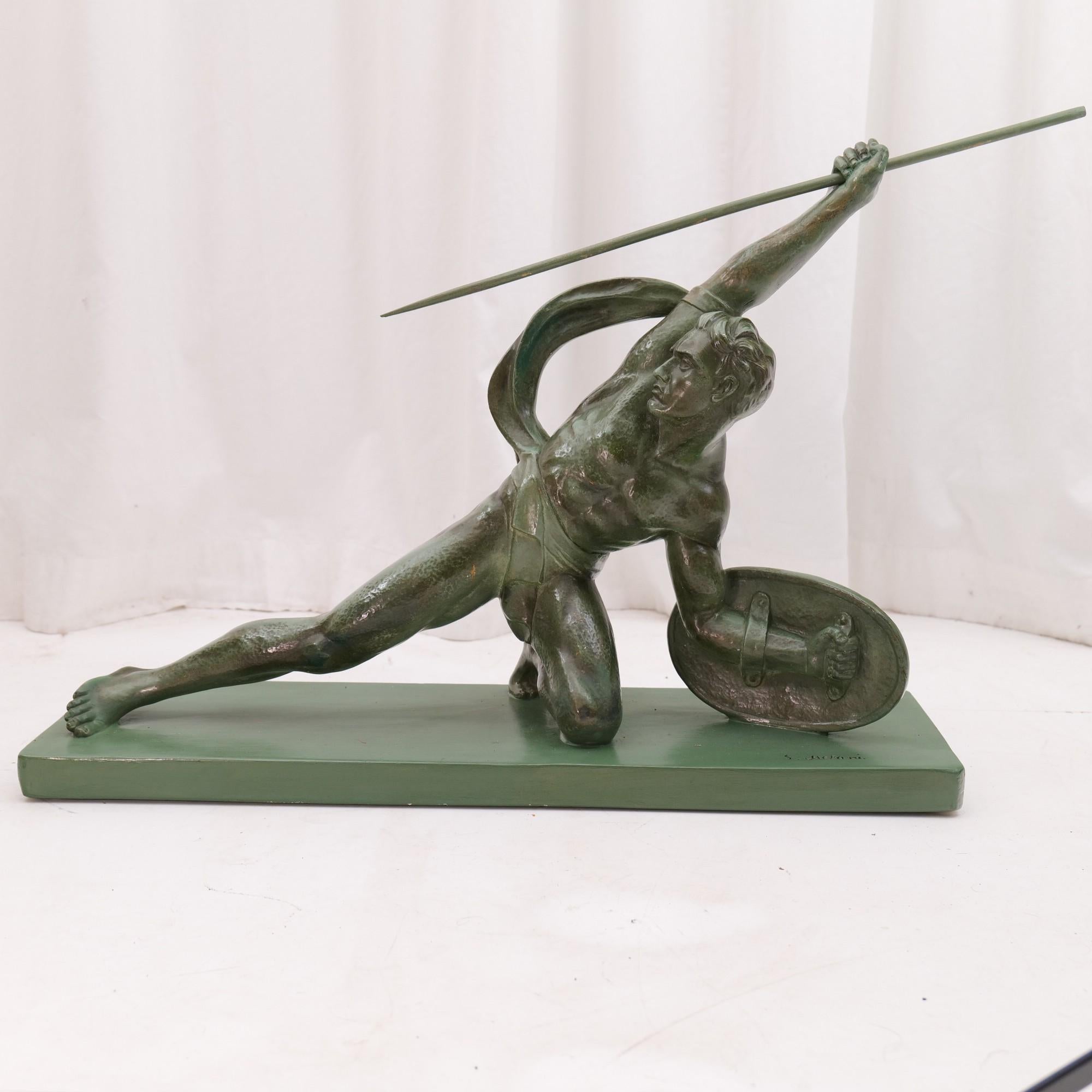 French 1930s Art Deco Sculpture Man with Spear by Salvatore Melani In Good Condition For Sale In Saarbrücken, SL