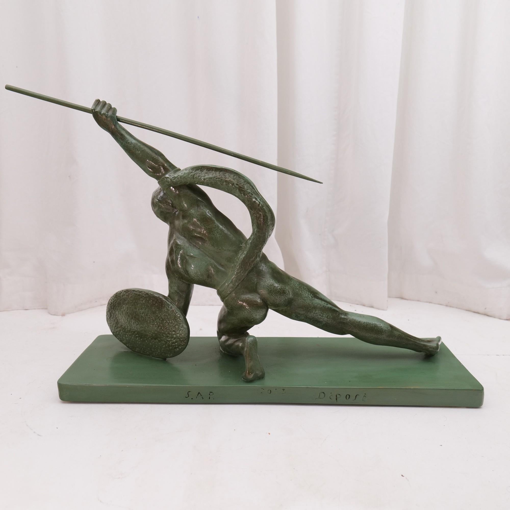 French 1930s Art Deco Sculpture Man with Spear by Salvatore Melani For Sale 2