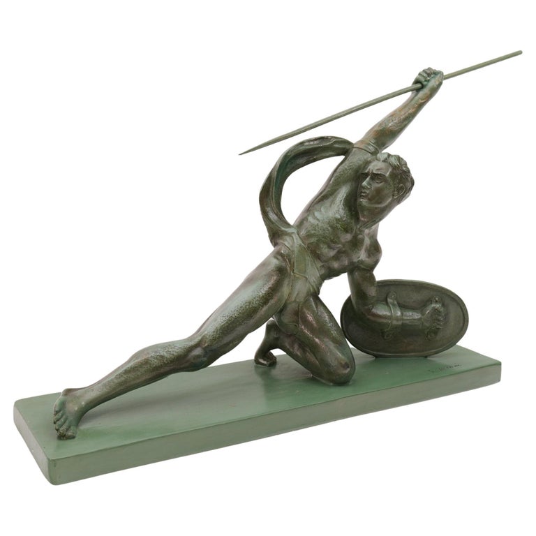 French 1930s Art Deco Sculpture Man with Spear by Salvatore Melani For Sale