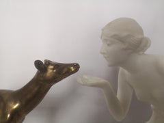 French 1930s Art Deco Sculpture of a Marble Girl and Bronze Deer