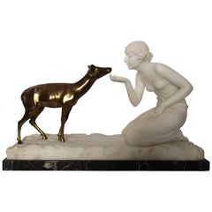 French 1930s Art Deco Sculpture of a Marble Girl and Bronze Deer