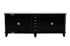 Aparador Art Decó francés de los años 30 en laca negra con cajones y estrellas niqueladas